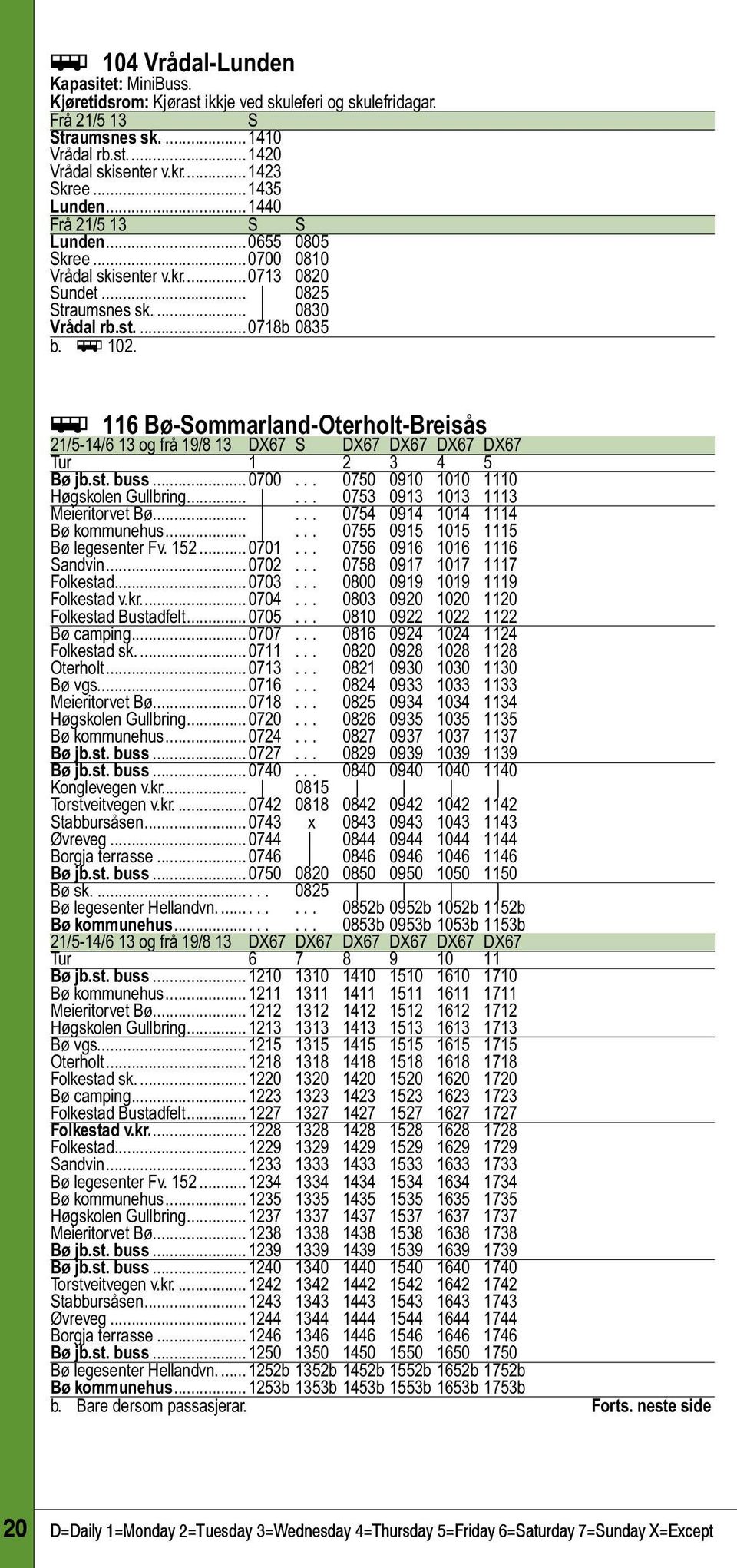 ÿ 116 Bø-Sommarland-Oterholt-Breisås 21/5-14/6 13 og frå 19/8 13 DX67 S DX67 DX67 DX67 DX67 Tur 1.. 2 3 4 5 Bø jb.st. buss...0700... 0750 0910 1010 1110 Høgskolen Gullbring.