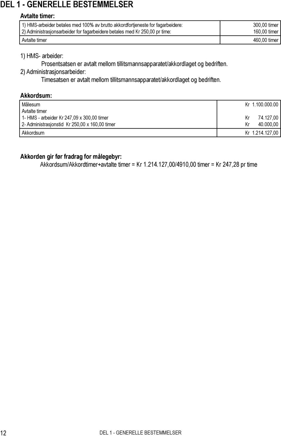 2) Administrasjonsarbeider: Timesatsen er avtalt mellom tillitsmannsapparatet/akkordlaget og bedriften. Akkordsum: Målesum Kr 1.100.000.00 Avtalte timer 1- HMS - arbeider Kr 247,09 300,00 timer Kr 74.