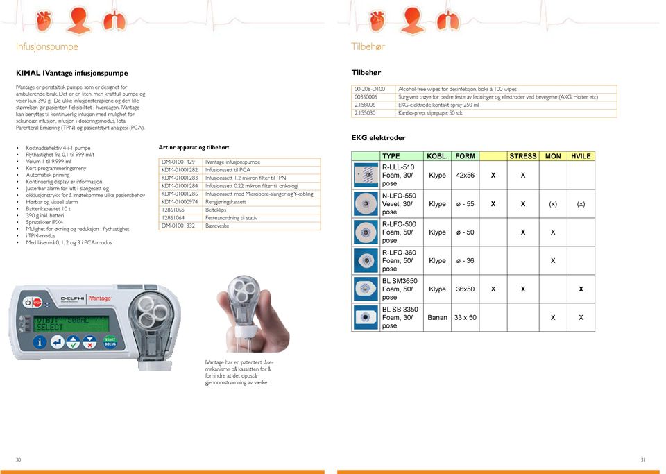 IVantage kan benyttes til kontinuerlig infusjon med mulighet for sekundær infusjon, infusjon i doseringsmodus, Total Parenteral Ernæring (TPN) og pasientstyrt analgesi (PCA).