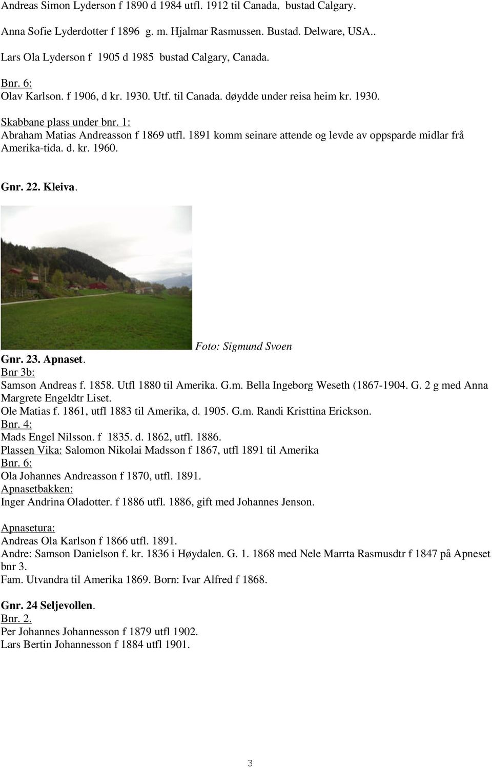 1: Abraham Matias Andreasson f 1869 utfl. 1891 komm seinare attende og levde av oppsparde midlar frå Amerika-tida. d. kr. 1960. Gnr. 22. Kleiva. Gnr. 23. Apnaset. Bnr 3b: Samson Andreas f. 1858.