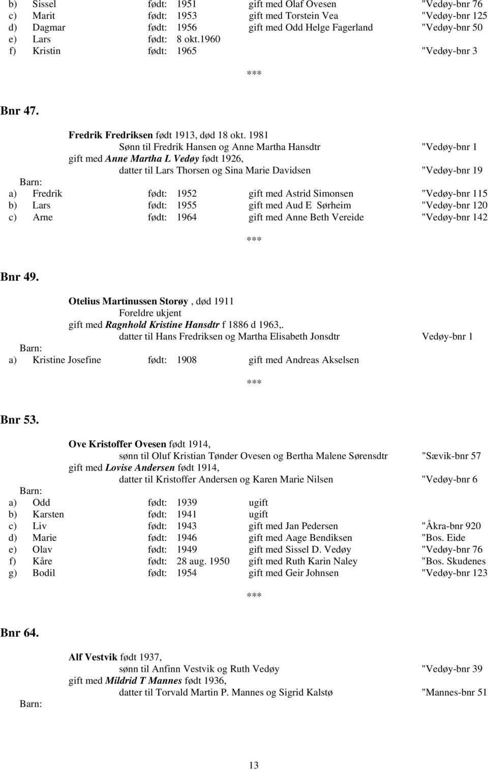 1981 Sønn til Fredrik Hansen og Anne Martha Hansdtr "Vedøy-bnr 1 gift med Anne Martha L Vedøy født 1926, datter til Lars Thorsen og Sina Marie Davidsen "Vedøy-bnr 19 a) Fredrik født: 1952 gift med