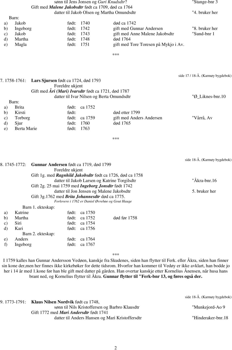 bruker her c) Jakob født: 1743 gift med Anne Malene Jakobsdtr "Sund-bnr 1 d) Martha født: 1748 død 1764 e) Magla født: 1751 gift med Tore Toresen på Mykjo i Av. side 17 / 18-Å. (Karmøy bygdebok) 7.