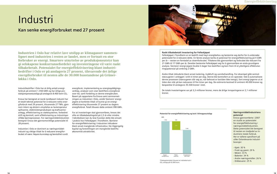 Potensialet for energieffektivisering blant industribedrifter i Oslo er på anslagsvis 27 prosent, tilsvarende det årlige energiforbruket til nesten alle de 30.000 husstandene på Grünerløkka i Oslo.