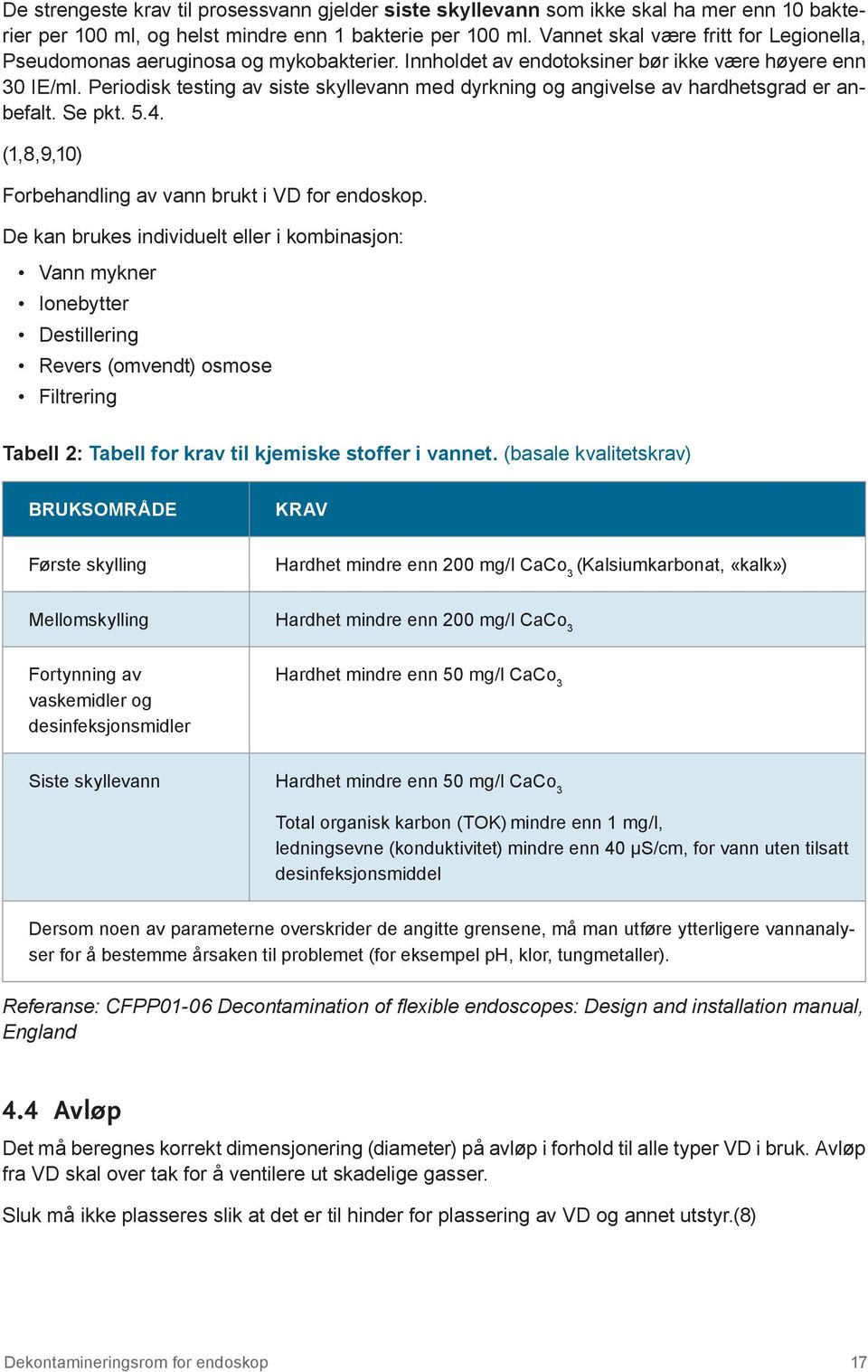Periodisk testing av siste skyllevann med dyrkning og angivelse av hardhetsgrad er anbefalt. Se pkt. 5.4. (1,8,9,10) Forbehandling av vann brukt i VD for endoskop.