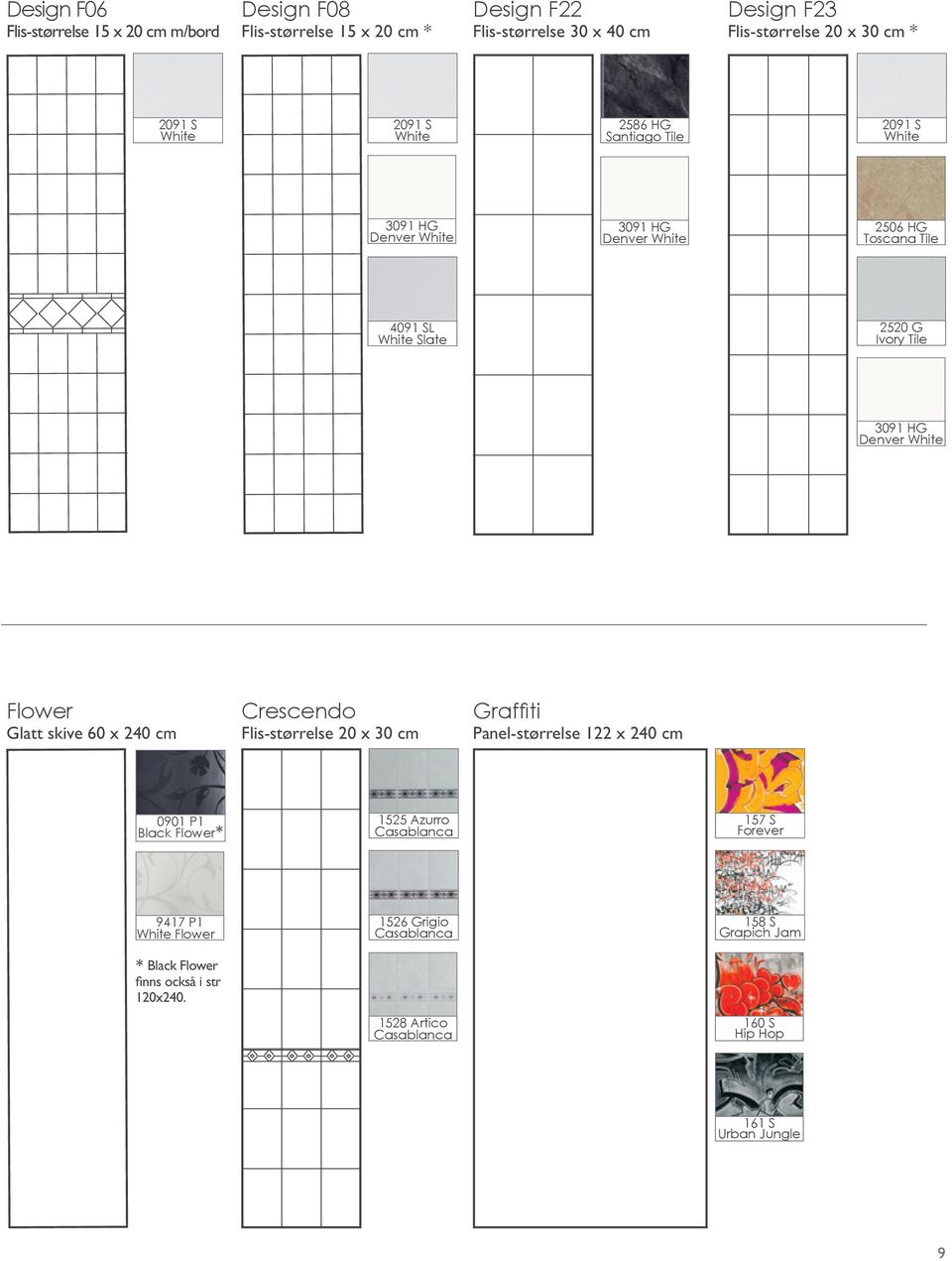 Glatt skive 60 x 240 cm Crescendo Flis-størrelse 20 x 30 cm Graffiti Panel-størrelse 122 x 240 cm 0901 P1 Black Flower* 1525 Azurro Casablanca 157 S Forever