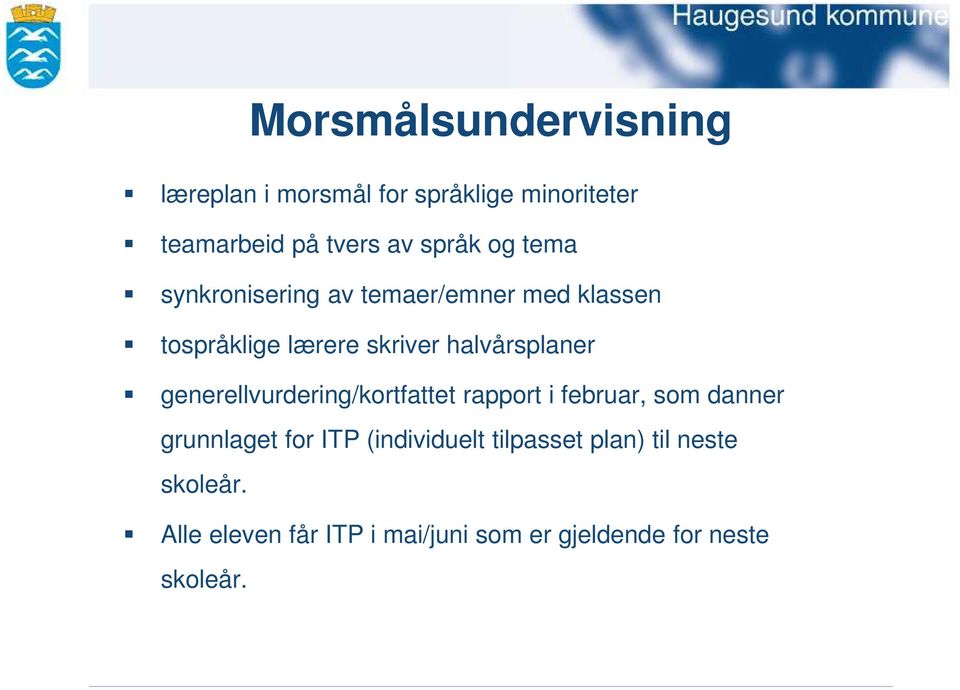 generellvurdering/kortfattet rapport i februar, som danner grunnlaget for ITP (individuelt