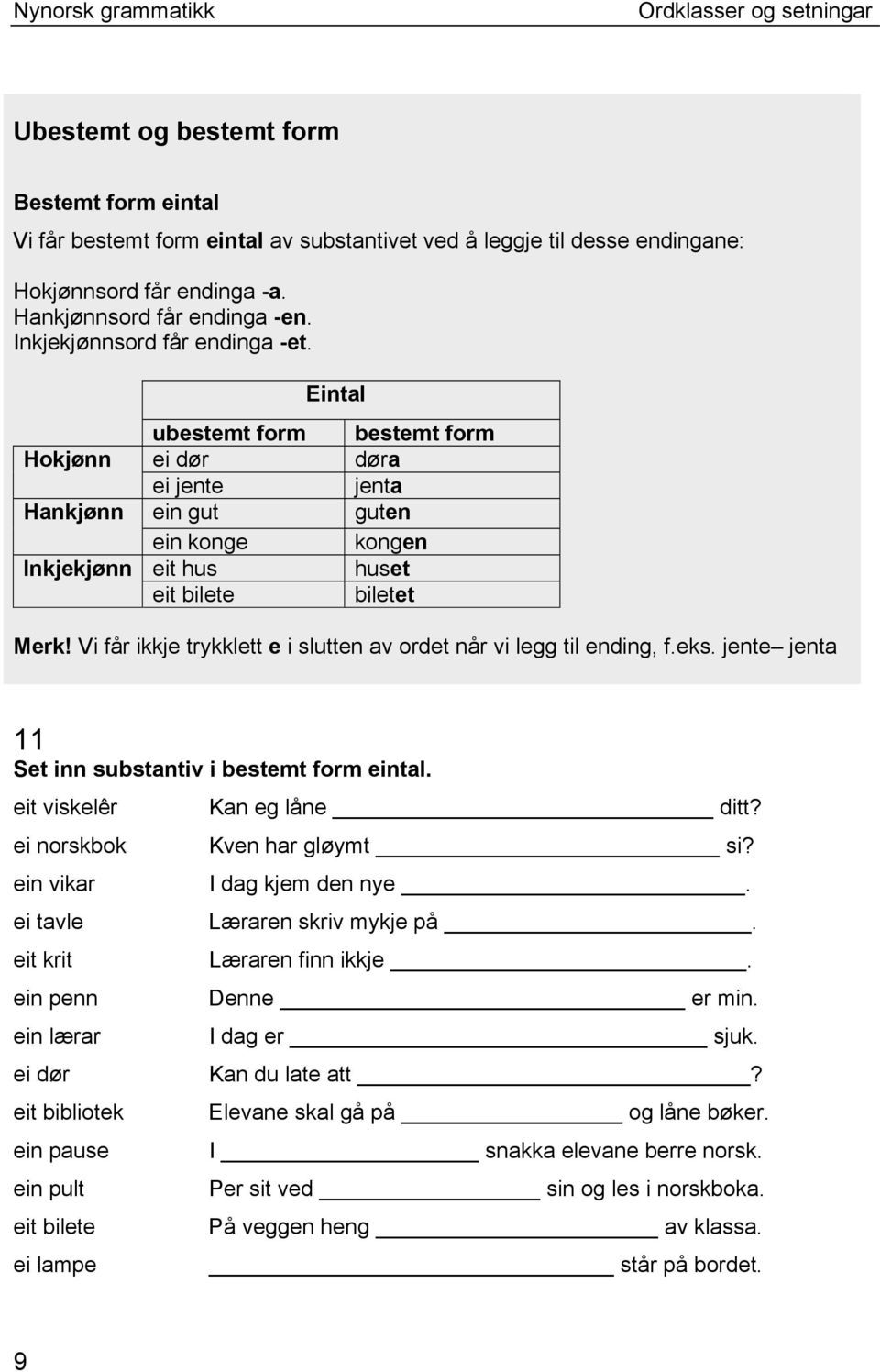 Vi får ikkje trykklett e i slutten av ordet når vi legg til ending, f.eks. jente jenta 11 Set inn substantiv i bestemt form eintal. eit viskelêr Kan eg låne ditt? ei norskbok Kven har gløymt si?