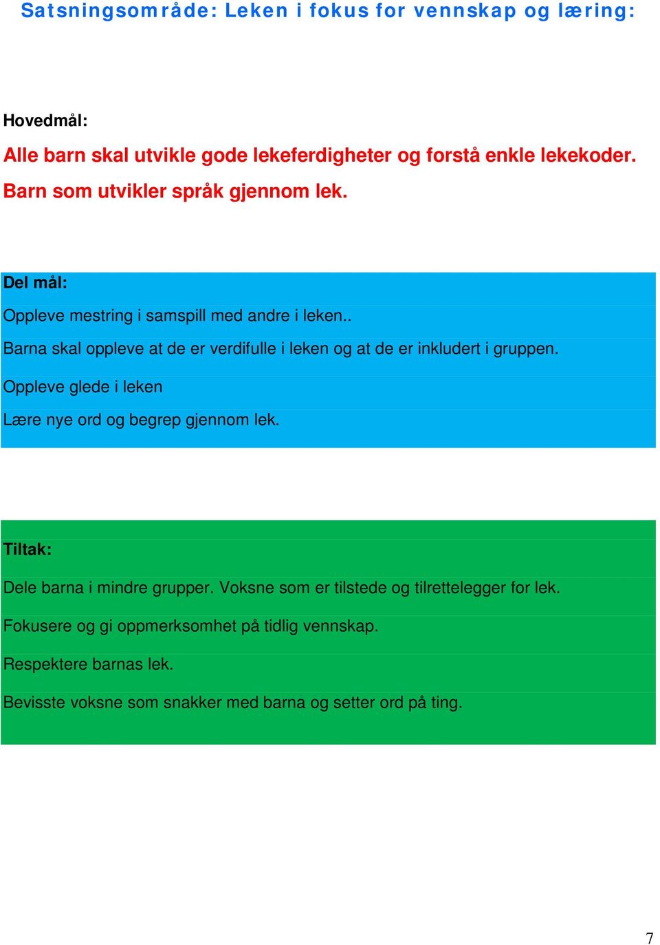 . Barna skal oppleve at de er verdifulle i leken og at de er inkludert i gruppen. Oppleve glede i leken Lære nye ord og begrep gjennom lek.