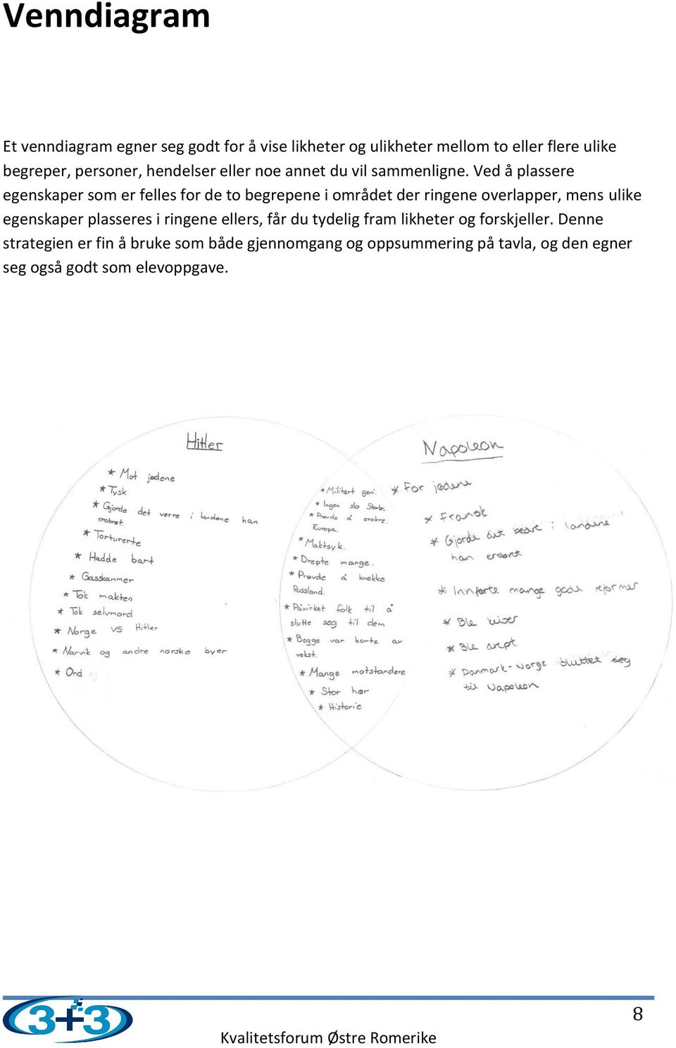 Ved å plassere egenskaper som er felles for de to begrepene i området der ringene overlapper, mens ulike egenskaper