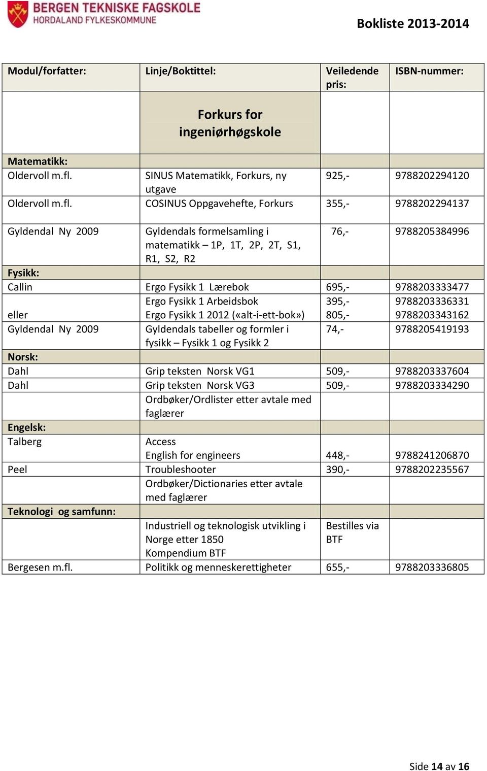 COSINUS Oppgavehefte, Forkurs 355,- 9788202294137 Gyldendal Ny 2009 Gyldendals formelsamling i 76,- 9788205384996 matematikk 1P, 1T, 2P, 2T, S1, R1, S2, R2 Fysikk: Callin Ergo Fysikk 1 Lærebok 695,-