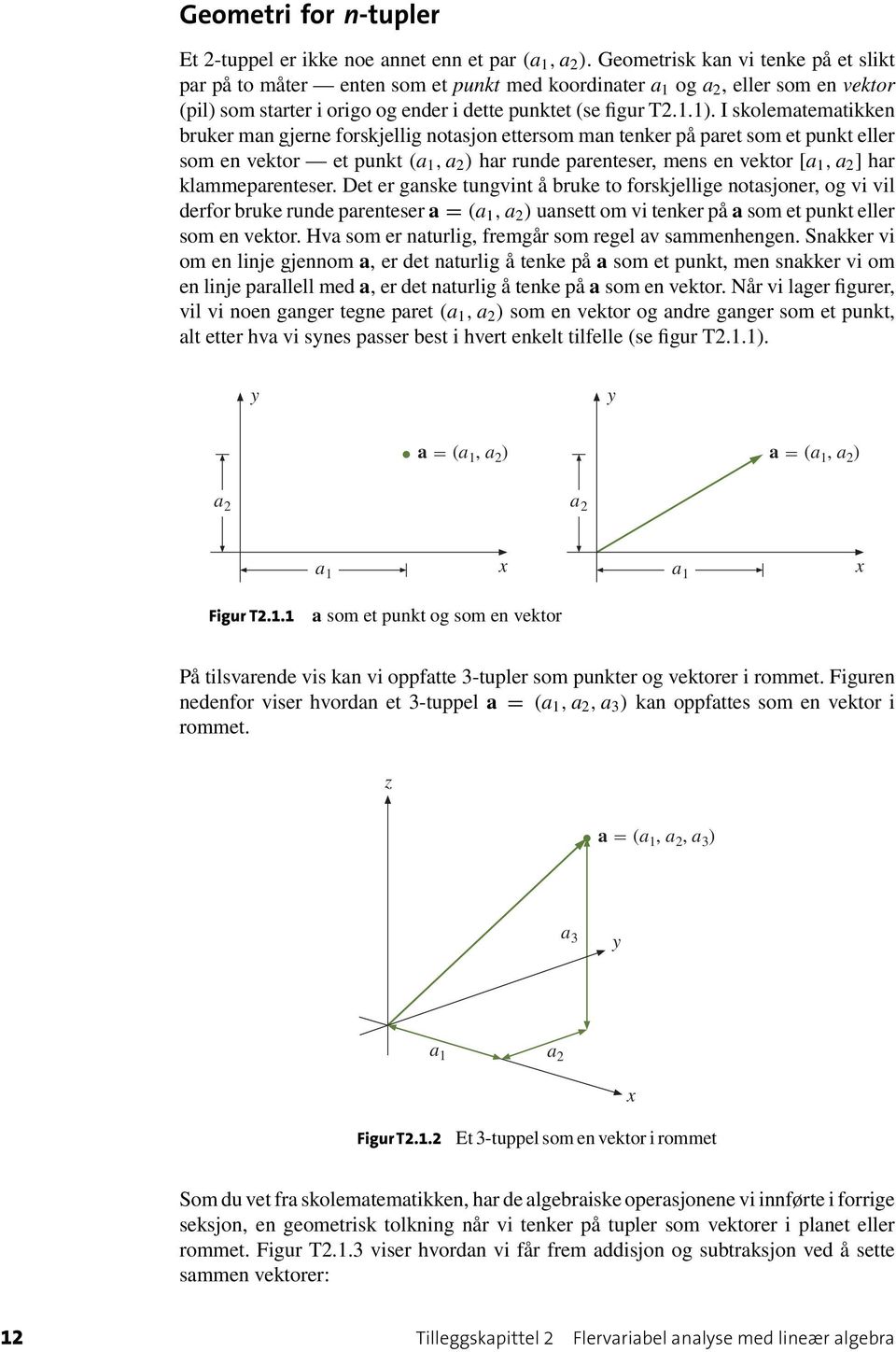 ) har runde parenteser, mens en vektor [a 1,a 2 ] har klammeparenteser Det er ganske tungvint å bruke to forskjellige notasjoner, og vi vil derfor bruke runde parenteser a = (a 1,a 2 ) uansett om vi