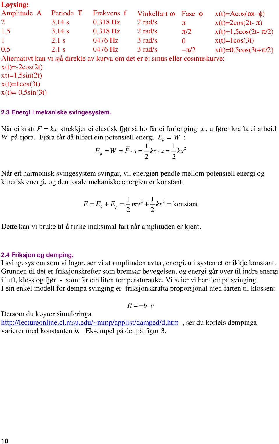 3 Energi i ekaniske svingesyste. Når ei kraft F = kx strekkjer ei elastisk fjør så ho får ei forlenging x, utfører krafta ei arbeid W på fjøra.