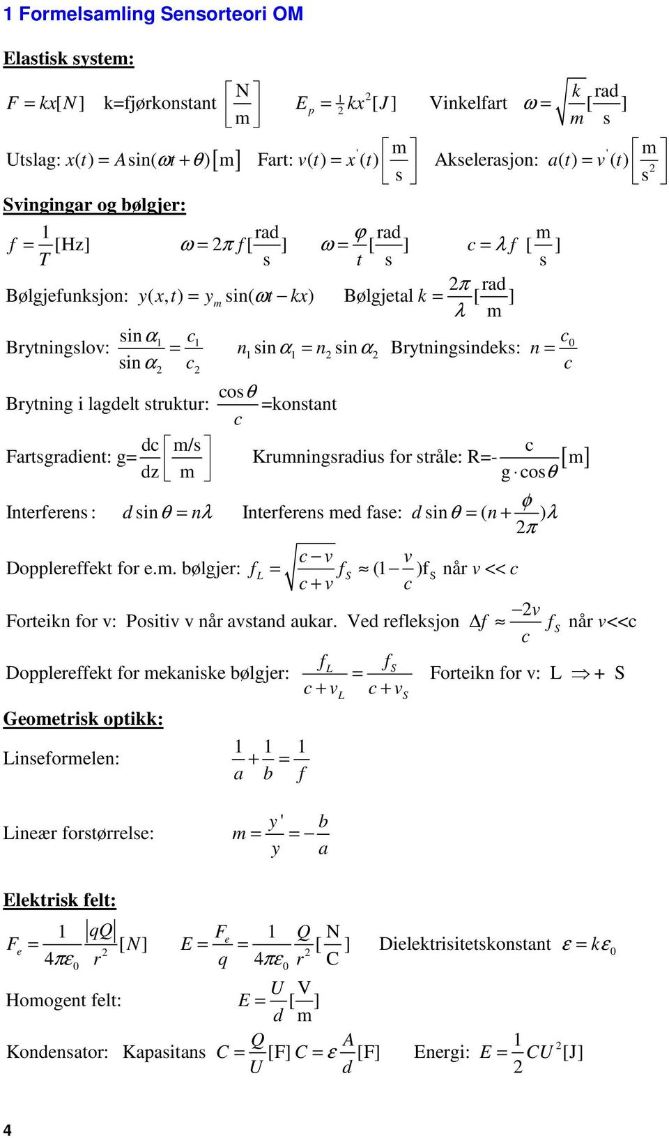 Brytningslov: = n1 sinα1 = n sin α Brytningsindeks: n = sinα c c cosθ Brytning i lagdelt struktur: =konstant c dc /s c Fartsgradient: g= Kruningsradius for stråle: R=- dz g cosθ φ Interferens : d sin