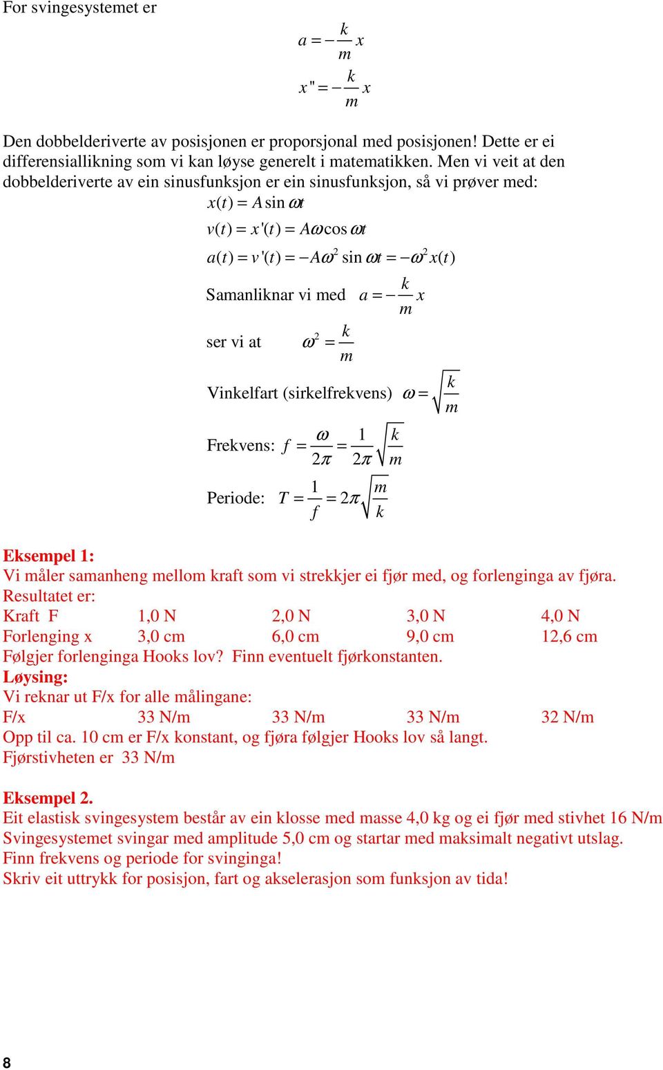 ser vi at Vinkelfart (sirkelfrekvens) Frekvens: ω = k ω 1 f = = π π 1 Periode: T = = π f k k a = x k ω = Eksepel 1: Vi åler saanheng ello kraft so vi strekkjer ei fjør ed, og forlenginga av fjøra.