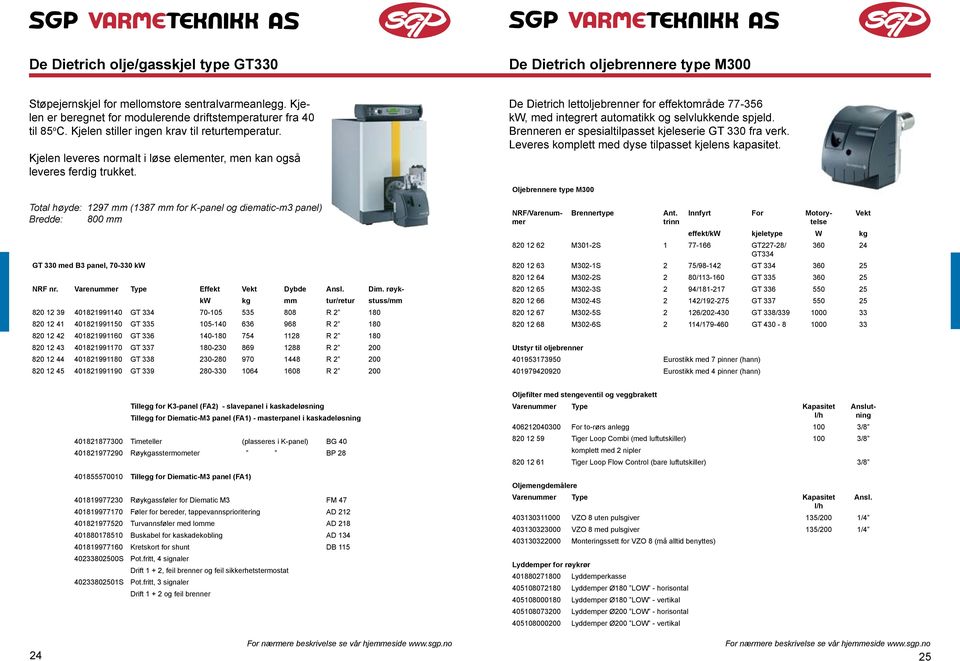 De Dietrich lettoljebrenner for effektområde 77-356 kw, med integrert automatikk og selvlukkende spjeld. Brenneren er spesialtilpasset kjeleserie GT 330 fra verk.