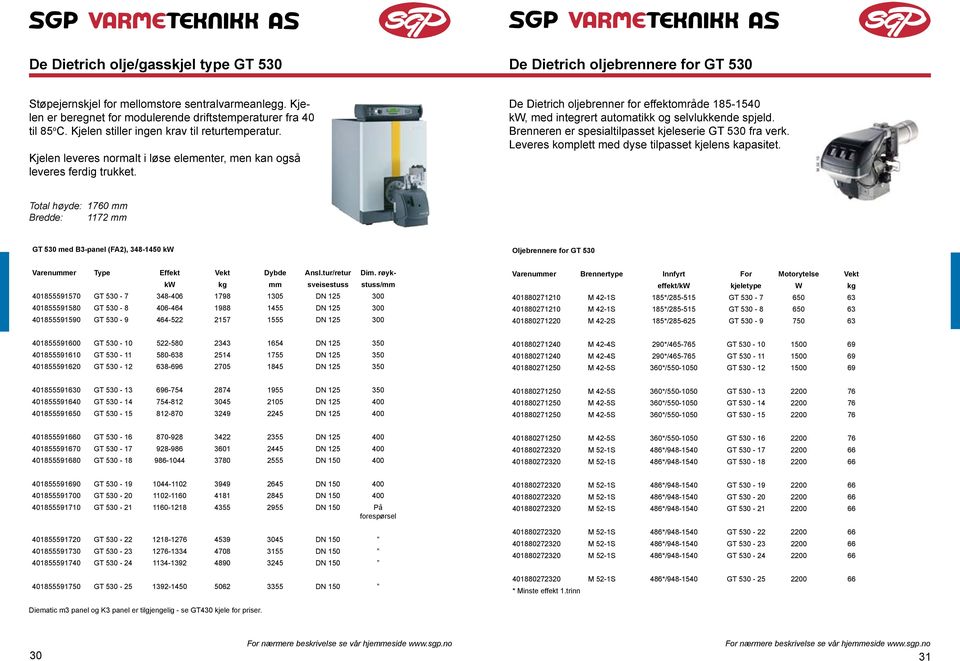 De Dietrich oljebrenner for effektområde 185-1540 kw, med integrert automatikk og selvlukkende spjeld. Brenneren er spesialtilpasset kjeleserie GT 530 fra verk.