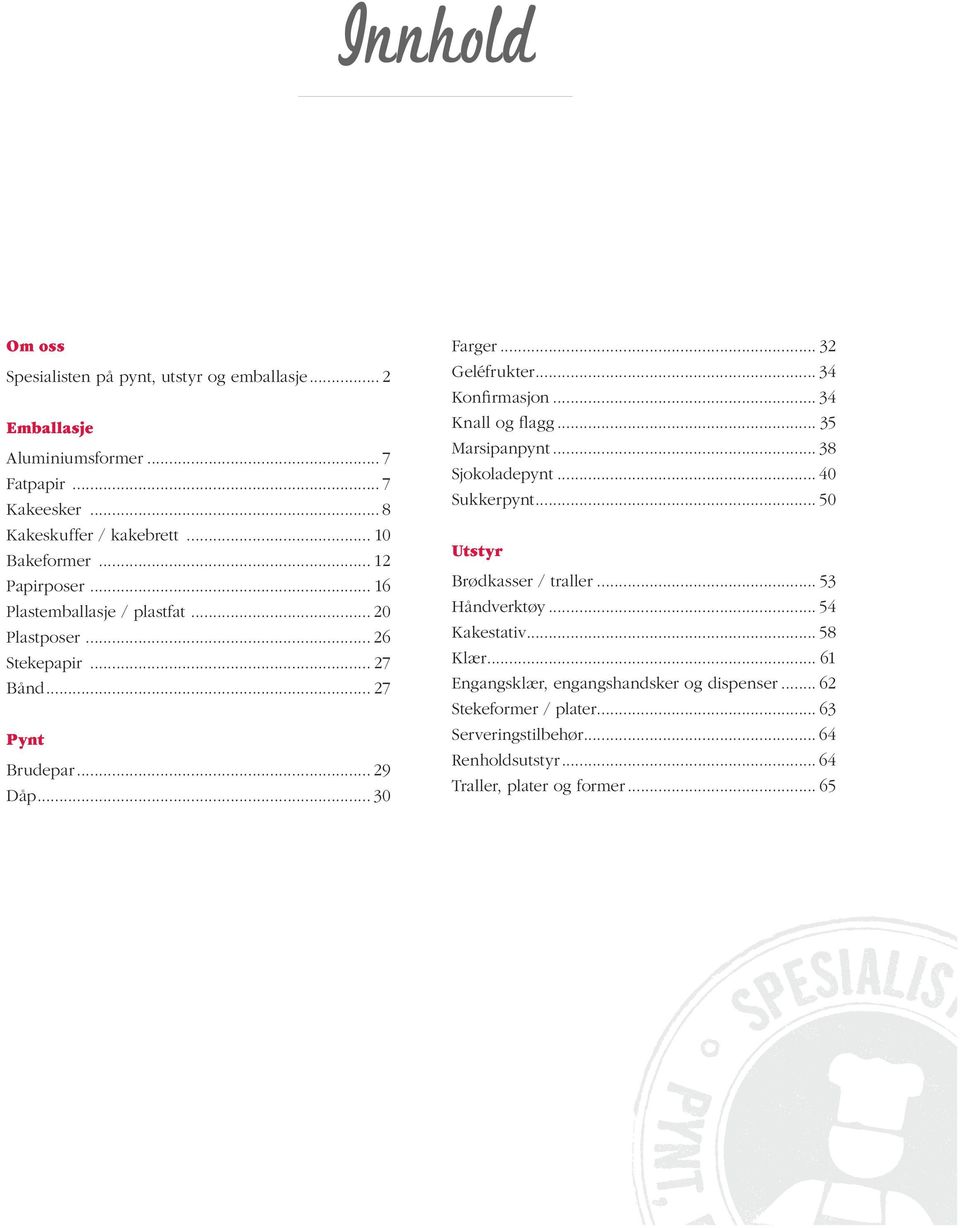 .. 34 Konfirmasjon... 34 Knall og flagg... 35 Marsipanpynt... 38 Sjokoladepynt... 40 Sukkerpynt... 50 Utstyr Brødkasser / traller... 53 Håndverktøy... 54 Kakestativ.