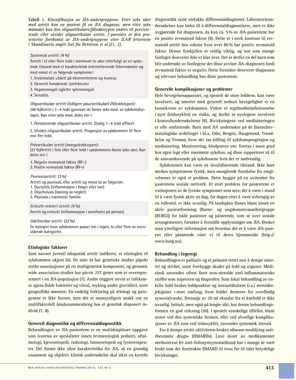 I parentes er den prosentvise forekomst av JIA-undergruppene etter ILAR kriteriene i Skandinavia angitt (tal fra Berntson et al.)(1, 2).