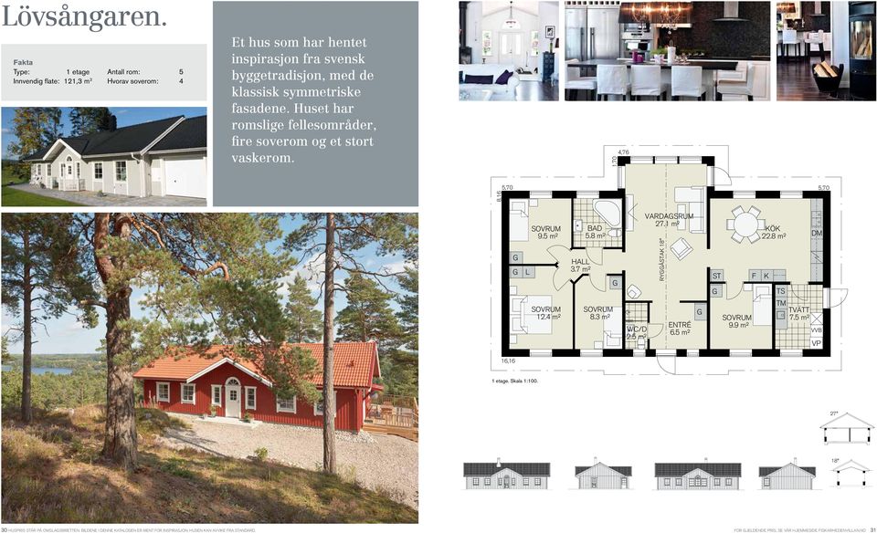 symmetriske fasadene. Huset har romslige fellesområder, fire soverom og et stort vaskerom. 1,70 4,76 5,70 5,70 8,16 L 9.5 m² 12.4 m² HALL 3.7 m² 5.