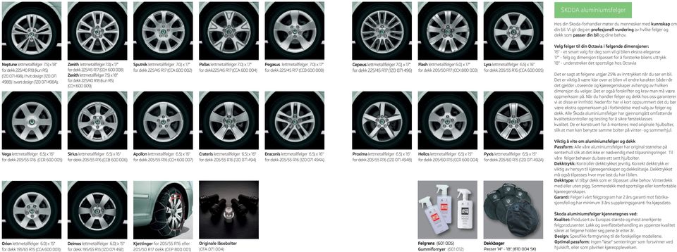 0J x 17" fordekk225/45r17(cch600008) Zenith lettmetallfelger 7.5J x 18" fordekk225/40r18(kunrs) (CCH 600 009) Sputnik lettmetallfelger 7.