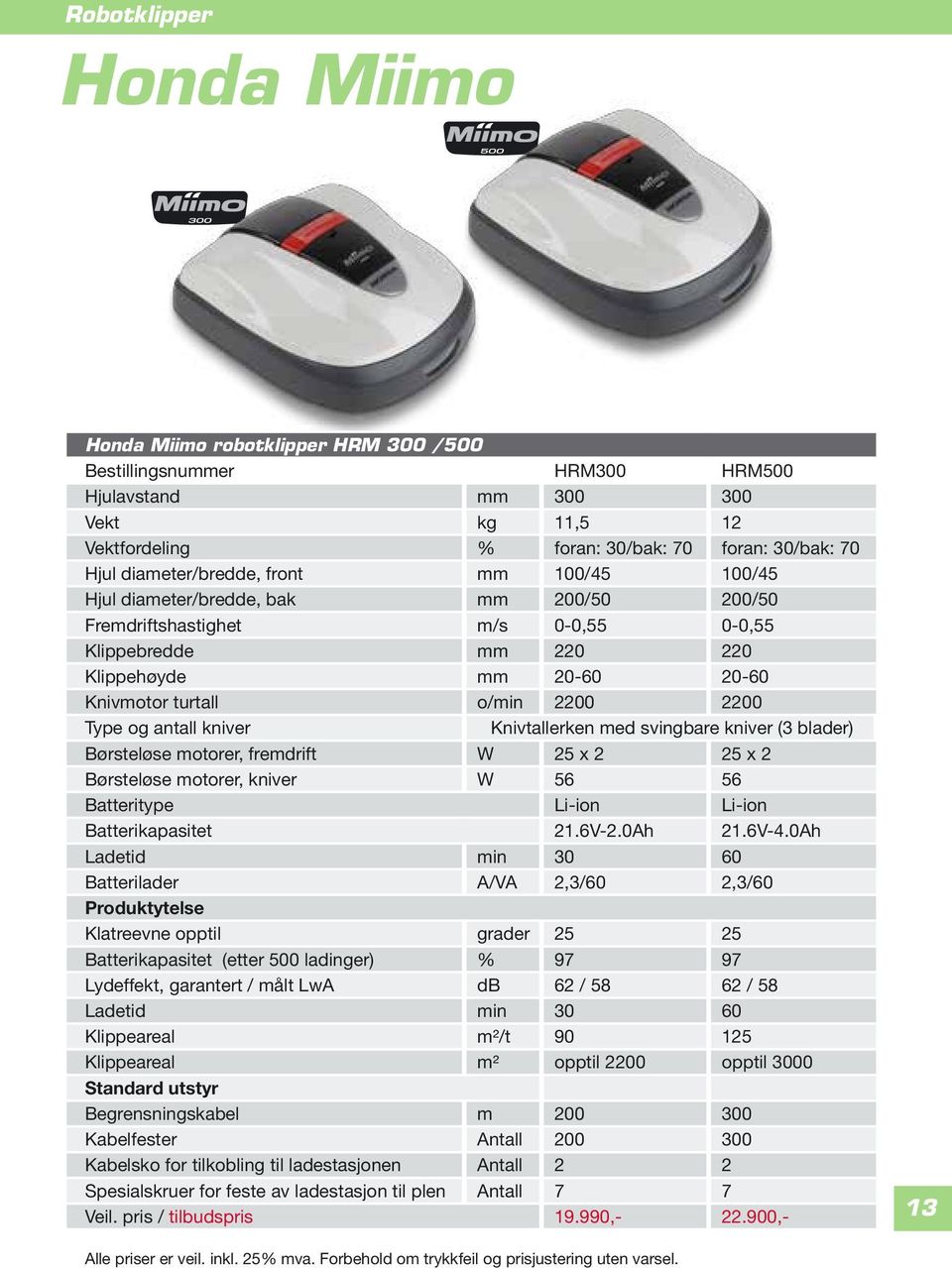 2200 2200 Type og antall kniver Knivtallerken med svingbare kniver (3 blader) Børsteløse motorer, fremdrift W 25 x 2 25 x 2 Børsteløse motorer, kniver W 56 56 Batteritype Li-ion Li-ion