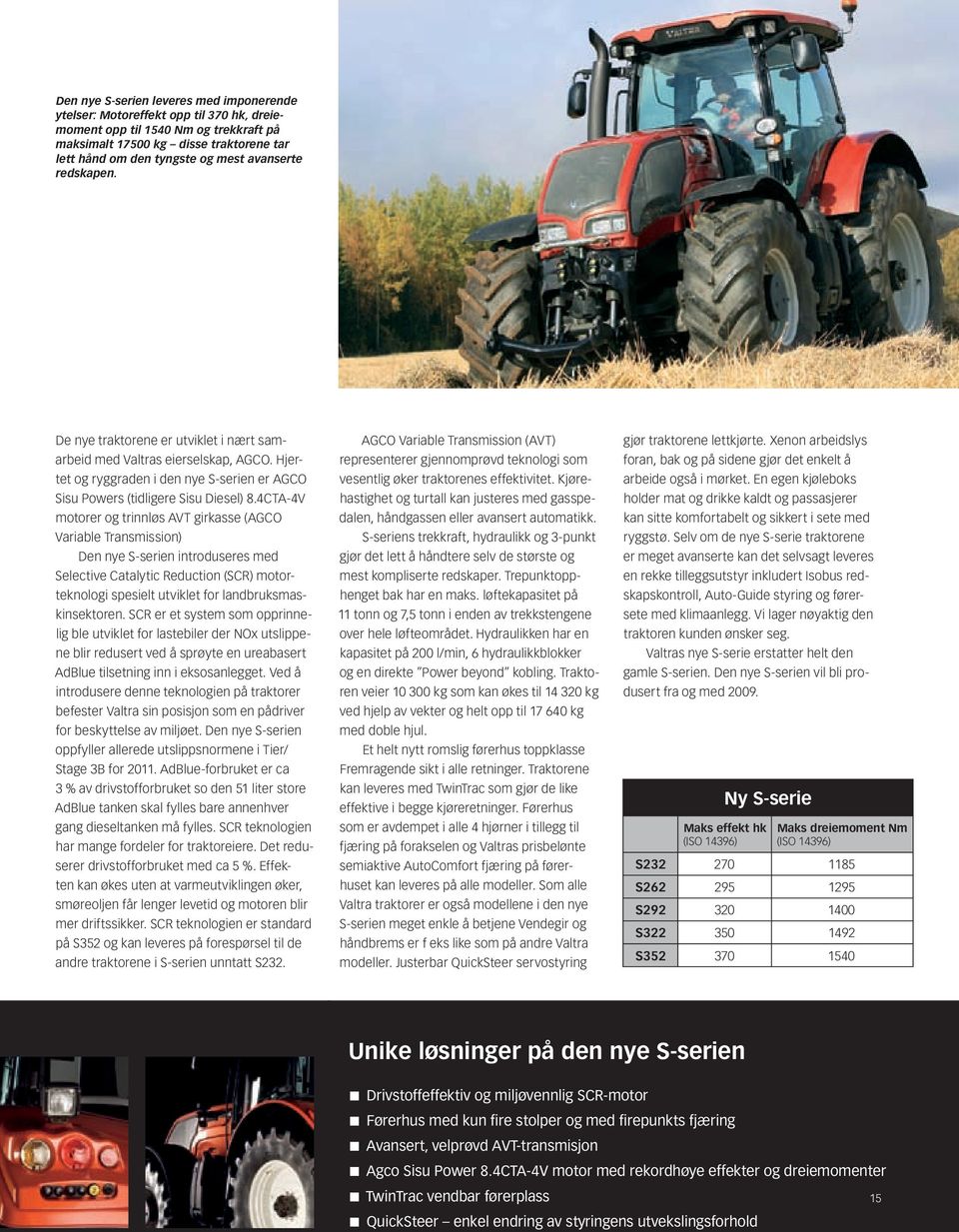 4CTA-4V motorer og trinnløs AVT girkasse (AGCO Variable Transmission) Den nye S-serien introduseres med Selective Catalytic Reduction (SCR) motorteknologi spesielt utviklet for