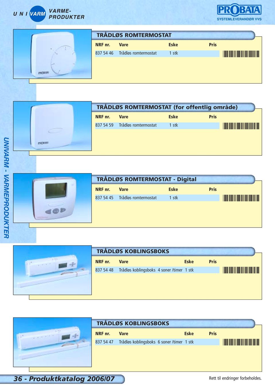 Vare Eske Pris 837 54 59 Trådløs romtermostat 1 stk *8375459* TRÅDLØS ROMTERMOSTAT - Digital NRF nr.