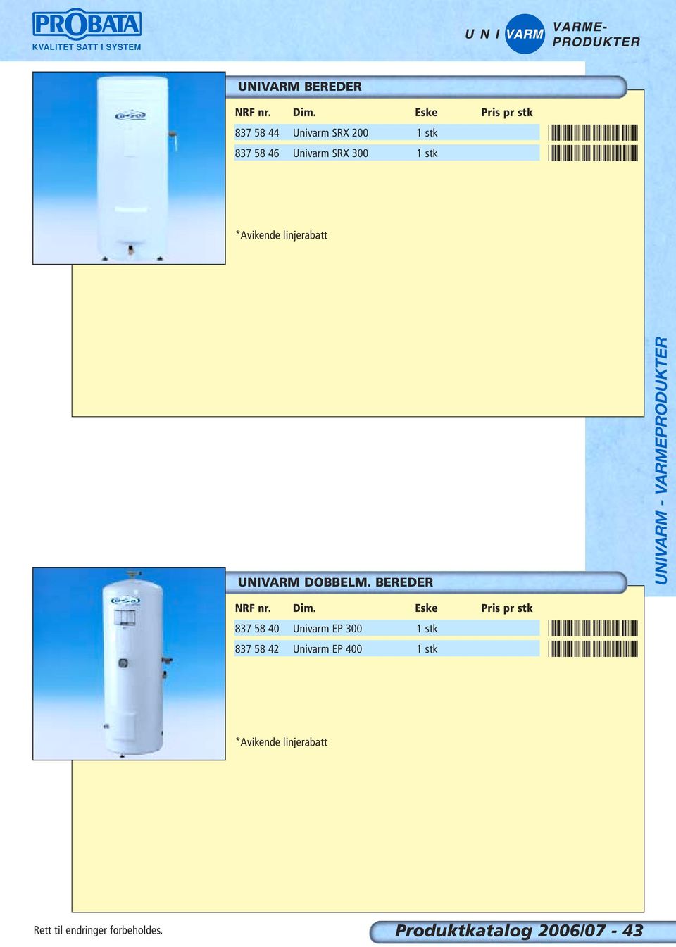 *8375844* *8375846* UNIVARM DOBBELM. BEREDER UNIVARM - - VARMEPRODUKTER NRF nr. Dim.