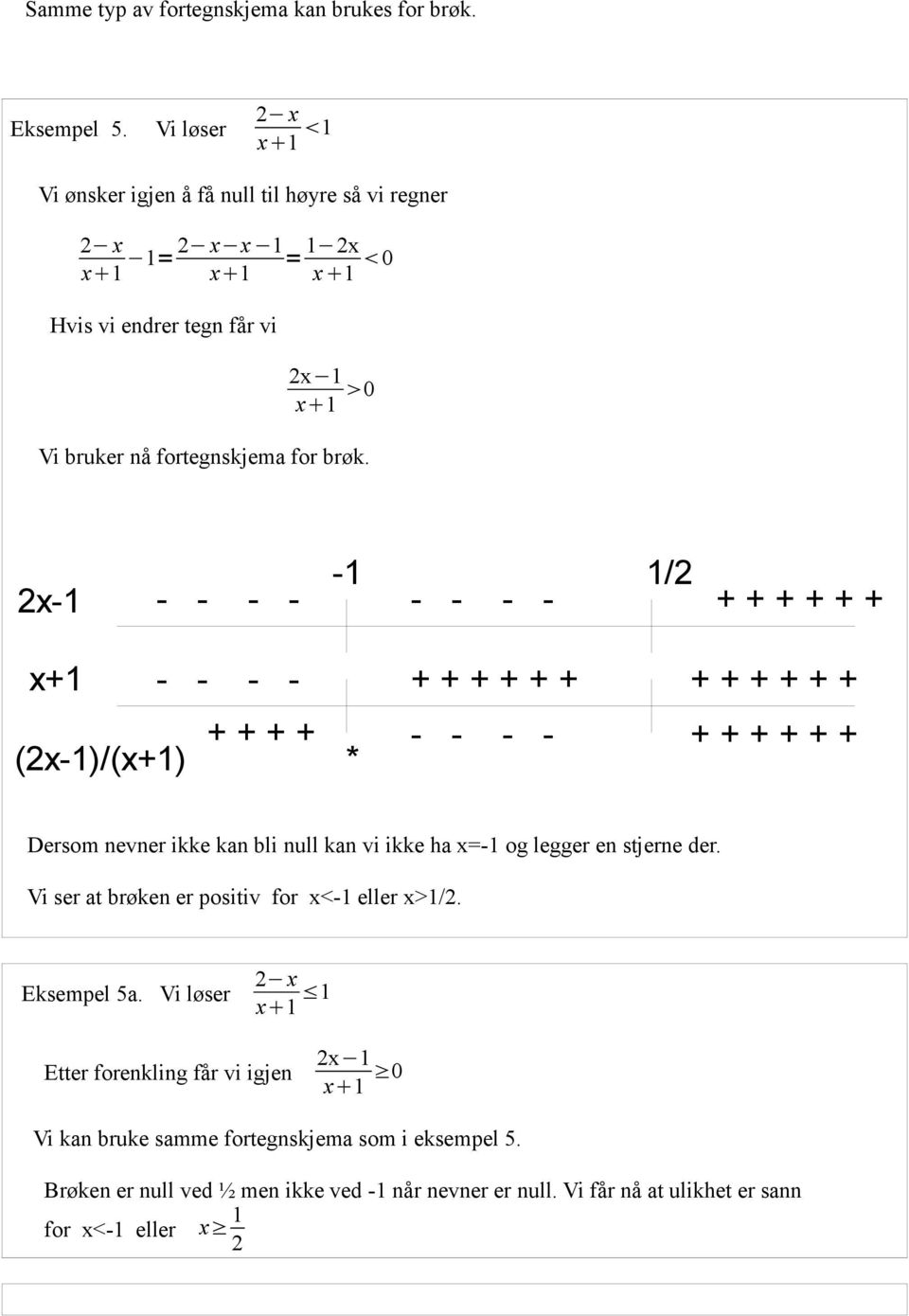 2x-1-1 1/2 - - - - - - - - + + + + + + x+1 (2x-1)/(x+1) - - - - + + + + - - - - * + + + + + + + + + + + + + + + + + + Dersom nevner ikke kan bli null kan vi ikke ha x=-1 og