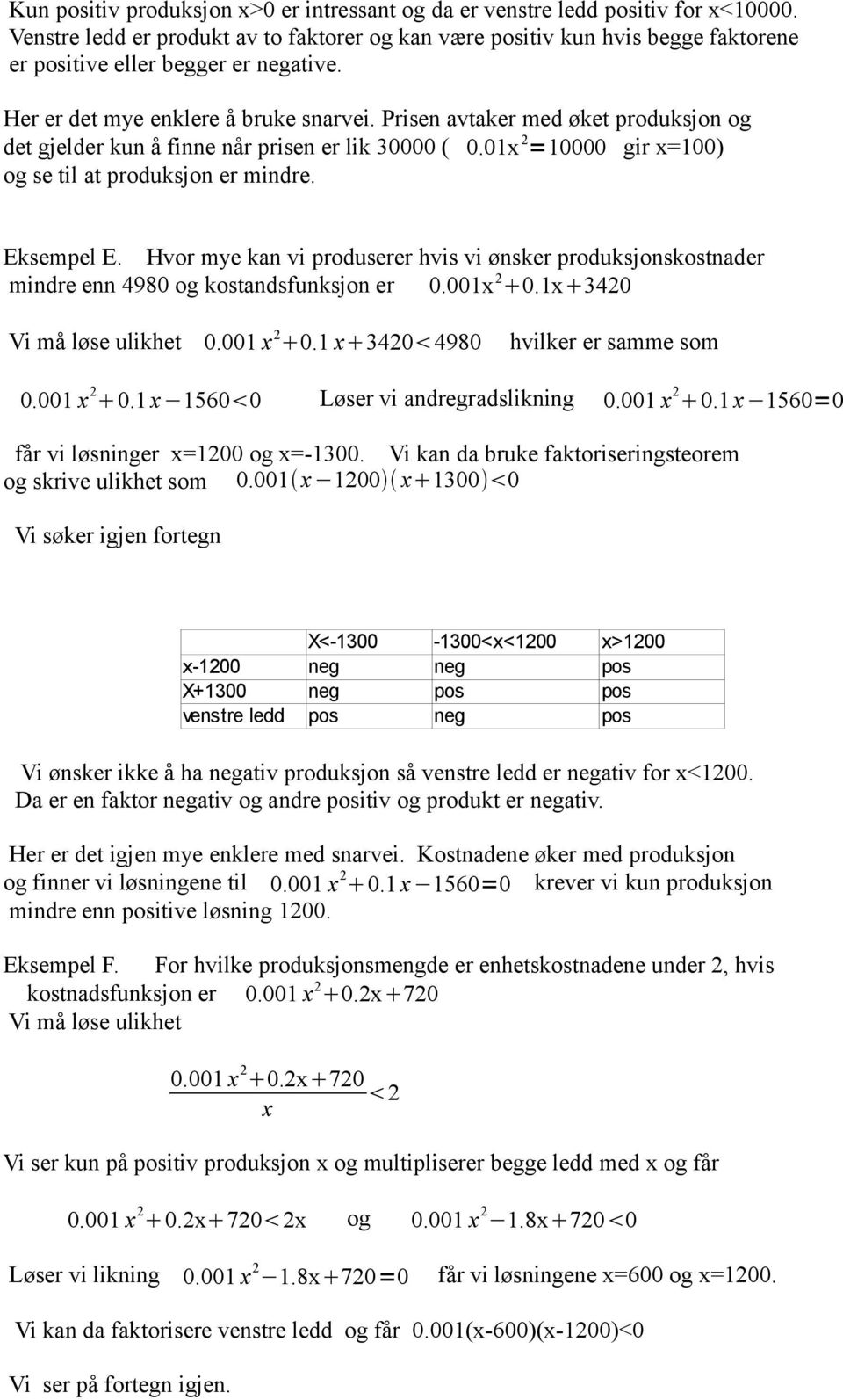 Prisen avtaker med øket produksjon og det gjelder kun å finne når prisen er lik 30000 ( 0.01x 2 =10000 gir x=100) og se til at produksjon er mindre. Eksempel E.