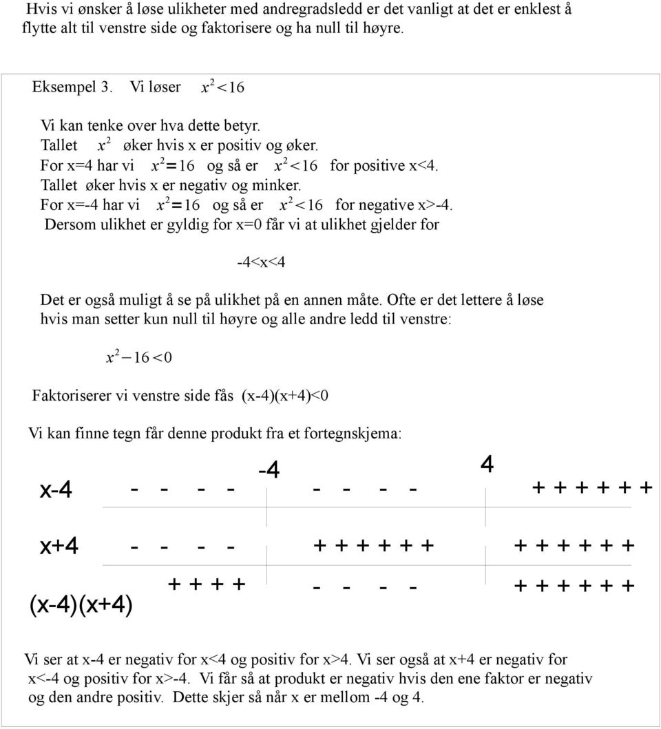 For x=-4 har vi x 2 =16 og så er x 2 16 for negative x>-4. Dersom ulikhet er gyldig for x=0 får vi at ulikhet gjelder for -4<x<4 Det er også muligt å se på ulikhet på en annen måte.