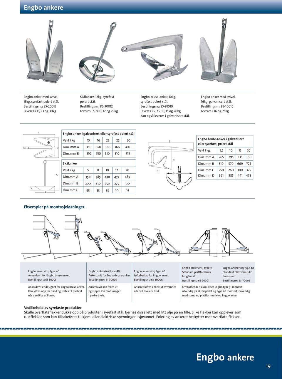 5, 10, 15 og 20kg Leveres i 16 og 25kg Kan også leveres i galvanisert stål. Engbo anker i galvanisert eller syrefast polert stål Vekt i kg 15 16 23 25 30 Dim. mm A 350 350 366 366 410 Dim.