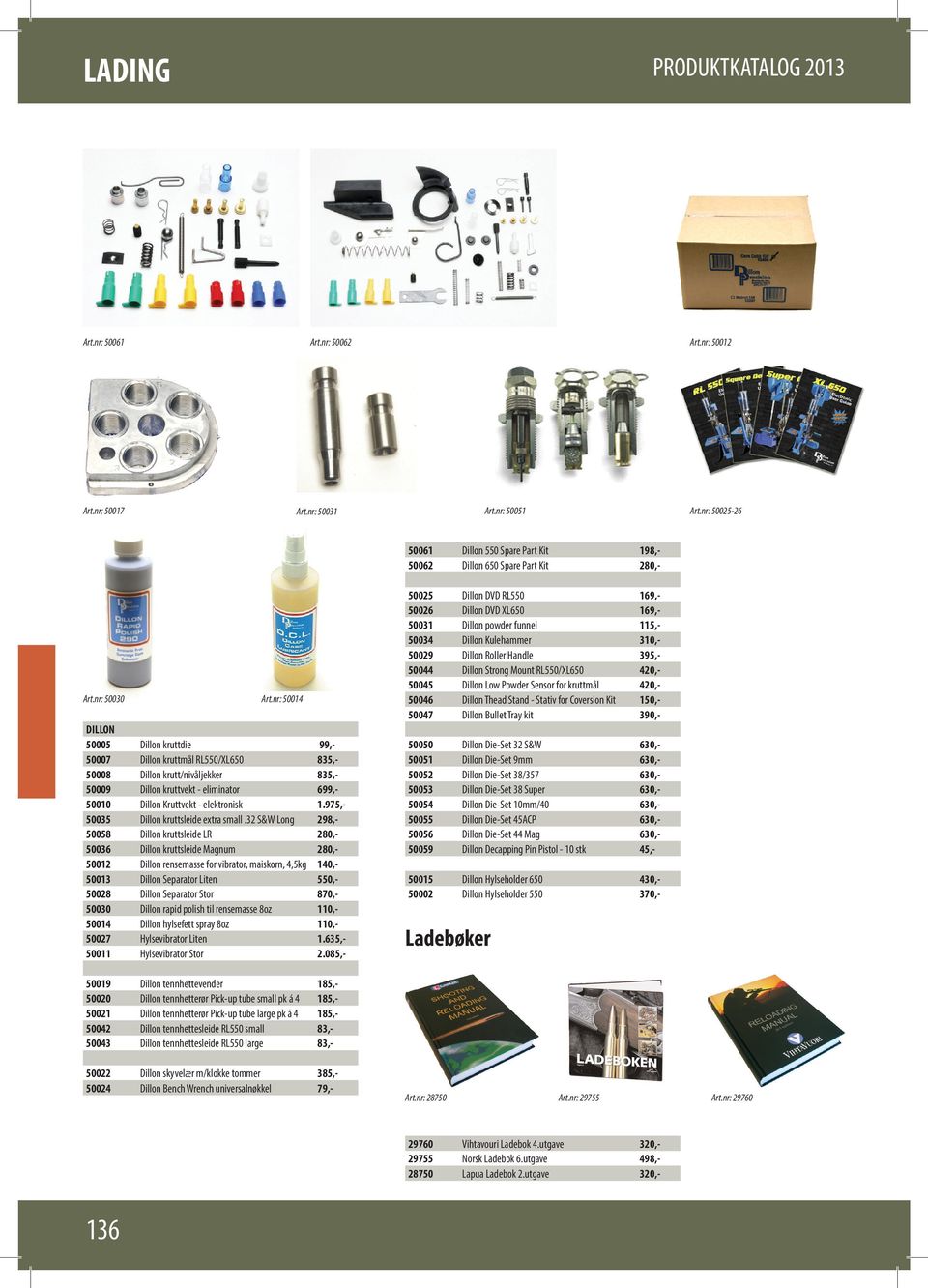 nr: 50014 DILLON 50005 Dillon kruttdie 99, 50007 Dillon kruttmål RL550/XL650 835, 50008 Dillon krutt/nivåljekker 835, 50009 Dillon kruttvekt eliminator 699, 50010 Dillon Kruttvekt elektronisk 1.