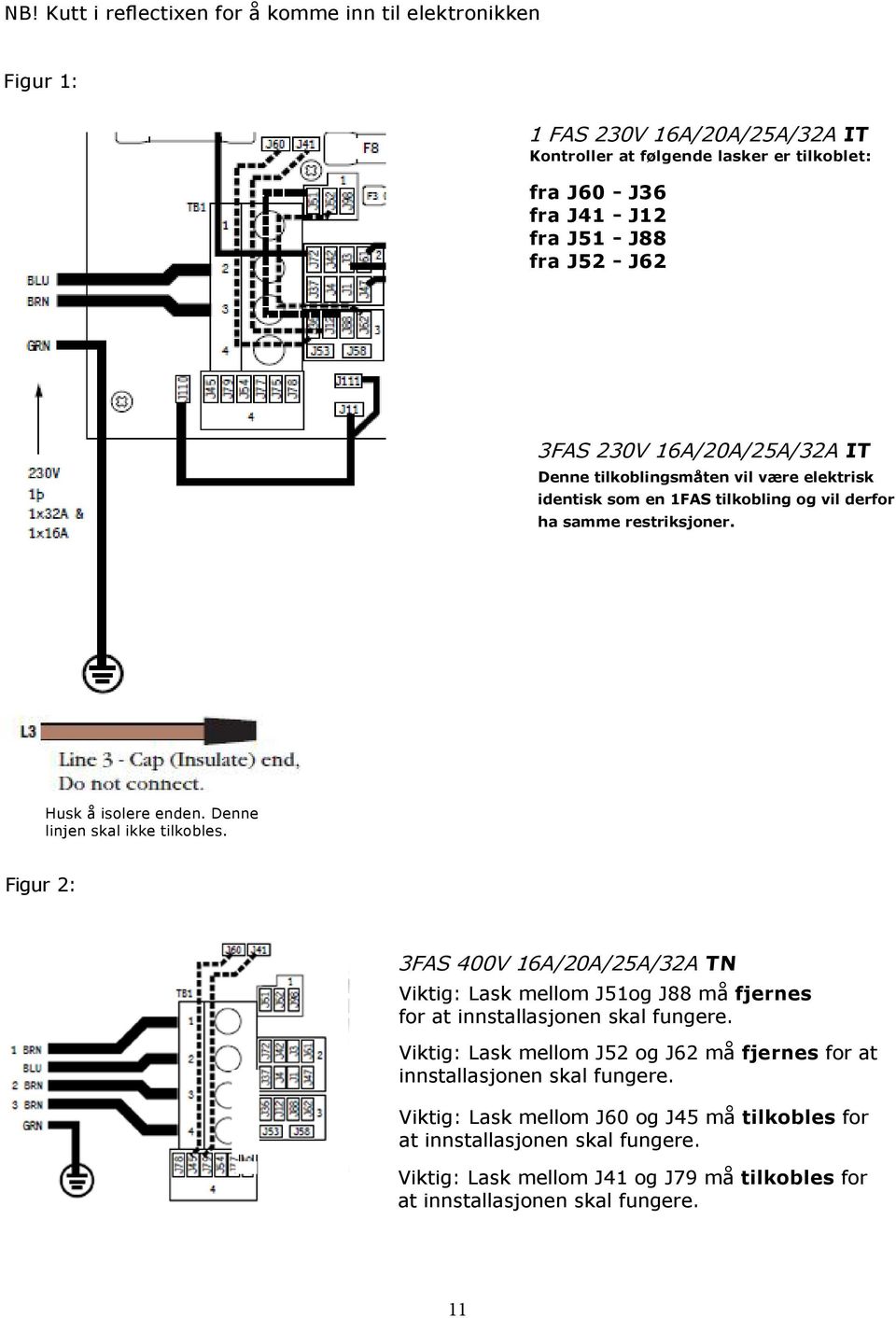 Denne linjen skal ikke tilkobles. Figur 2: 3FAS 400V 16A/20A/25A/32A TN Viktig: Lask mellom J51og J88 må fjernes for at innstallasjonen skal fungere.