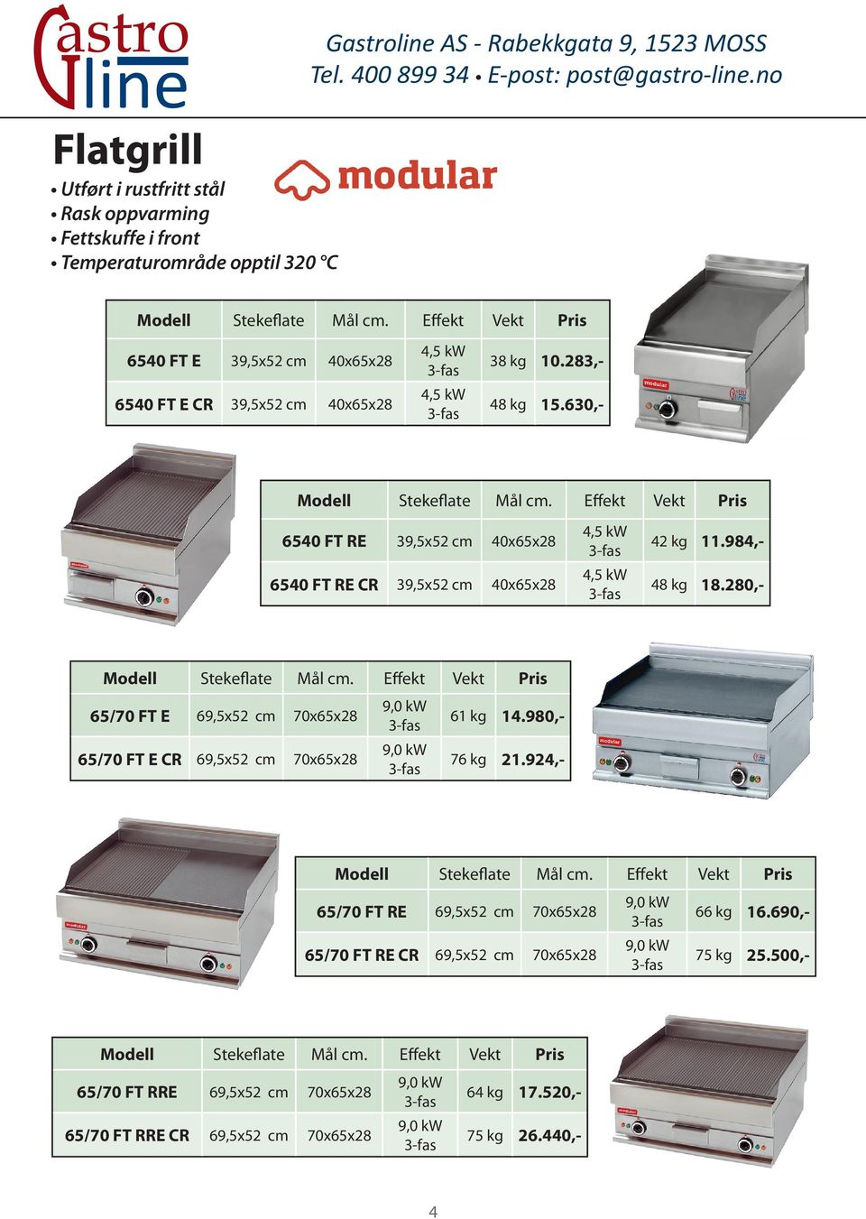 Effekt Vekt Pris 6540 FT RE 39,5x52 cm 40x65x28 6540 FT RE CR 39,5x52 cm 40x65x28 4,5 kw 4,5 kw 42 kg 11.984,- 48 kg 18.280,- Modell Stekeflate Mål cm.