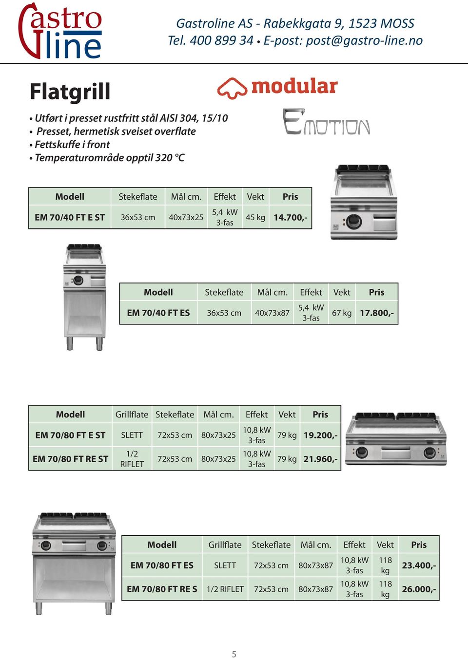 Effekt Vekt Pris EM 70/40 FT E ST 36x53 cm 40x73x25 5,4 kw 45 kg 14.700,- Modell Stekeflate Mål cm. Effekt Vekt Pris EM 70/40 FT ES 36x53 cm 40x73x87 5,4 kw 67 kg 17.