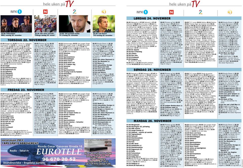 15 Herskapelig redningsaksjon (r) 13.00 NRK nyheter 13.05 Førkveld (r) 13.45 Verdensarven (r) 14.00 NRK nyheter 14.05 Ut i naturen (r) 14.30 Bondeknølen (r) 15.00 NRK nyheter 15.10 Fjellfolk (r) 15.