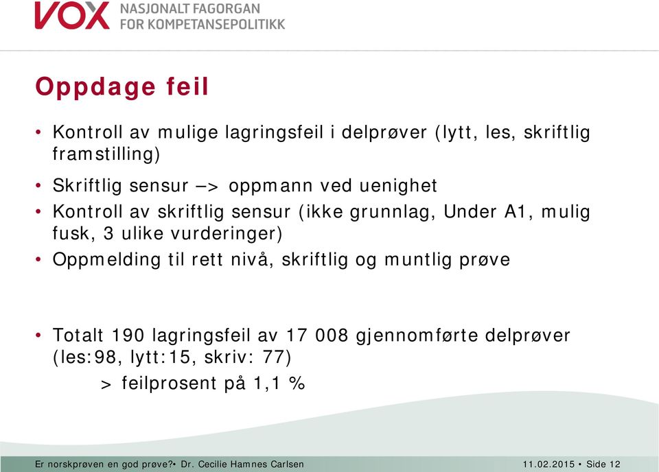 Oppmelding til rett nivå, skriftlig og muntlig prøve Totalt 190 lagringsfeil av 17 008 gjennomførte delprøver