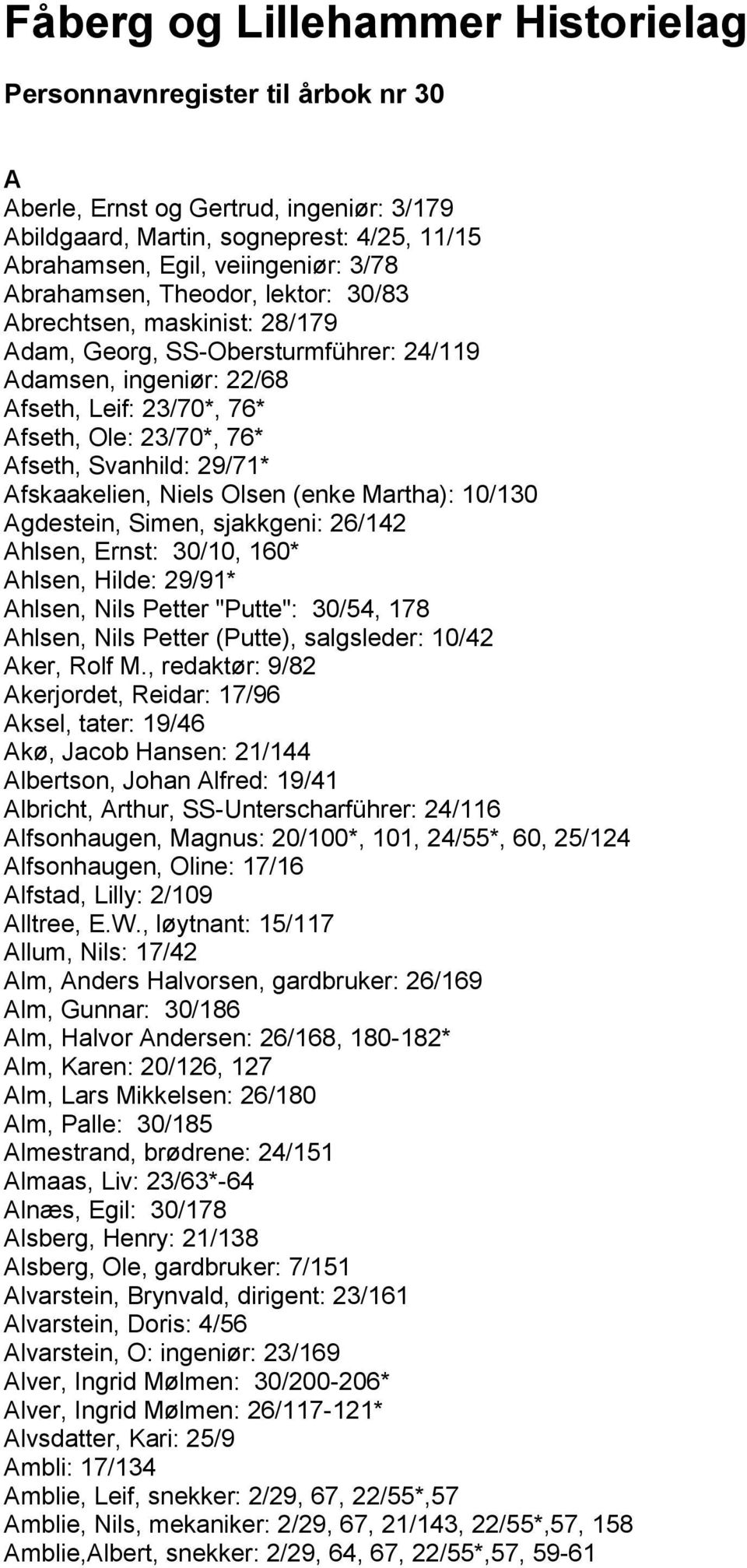 29/71* Afskaakelien, Niels Olsen (enke Martha): 10/130 Agdestein, Simen, sjakkgeni: 26/142 Ahlsen, Ernst: 30/10, 160* Ahlsen, Hilde: 29/91* Ahlsen, Nils Petter "Putte": 30/54, 178 Ahlsen, Nils Petter