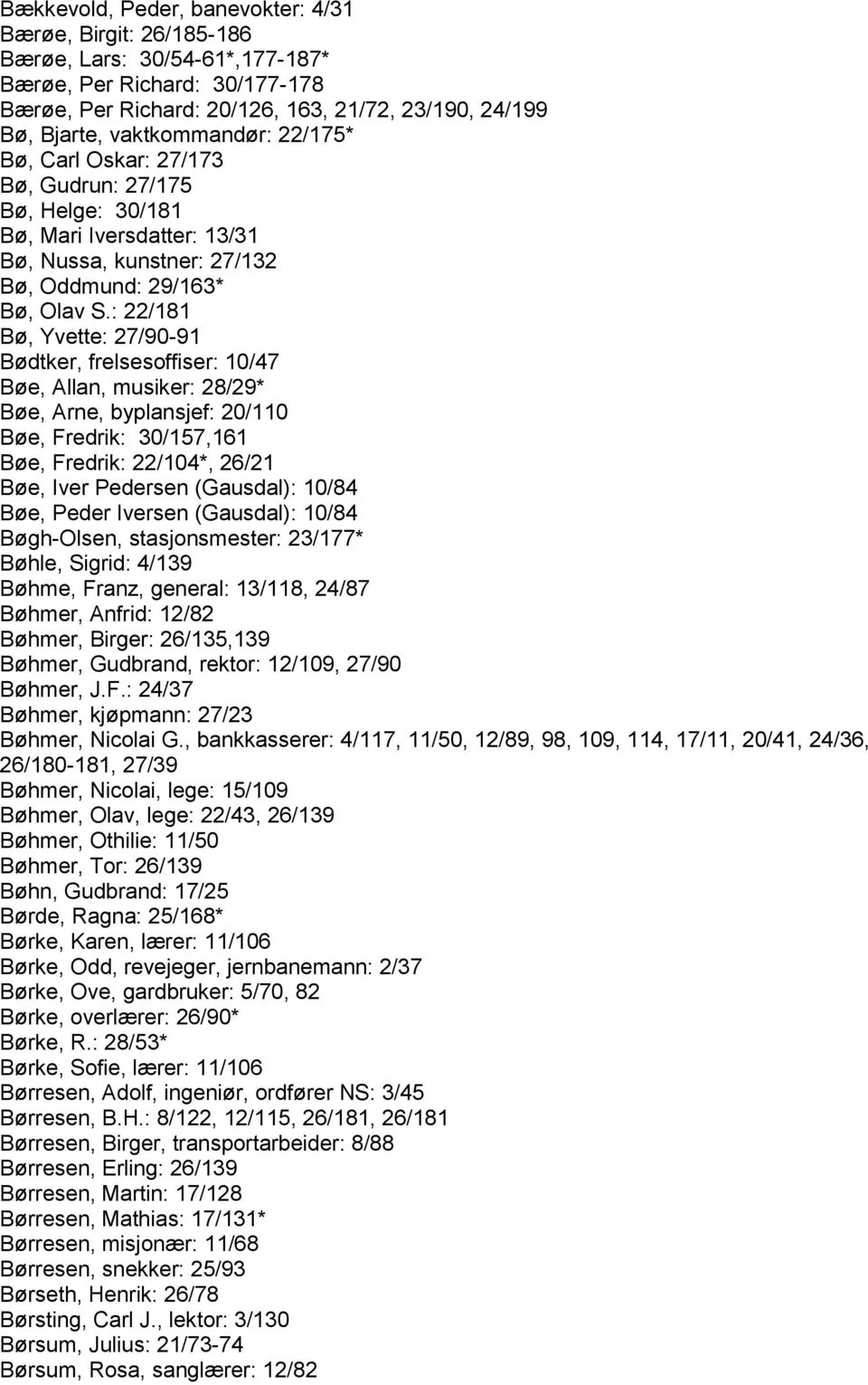 : 22/181 Bø, Yvette: 27/90-91 Bødtker, frelsesoffiser: 10/47 Bøe, Allan, musiker: 28/29* Bøe, Arne, byplansjef: 20/110 Bøe, Fredrik: 30/157,161 Bøe, Fredrik: 22/104*, 26/21 Bøe, Iver Pedersen