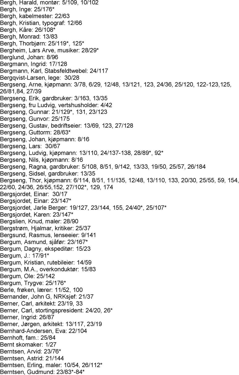 13/121, 123, 24/36, 25/120, 122-123,125, 26/81,84, 27/39 Bergseng, Erik, gardbruker: 3/163, 13/35 Bergseng, fru Ludvig, vertshusholder: 4/42 Bergseng, Gunnar: 21/129*, 131, 23/123 Bergseng, Gunvor: