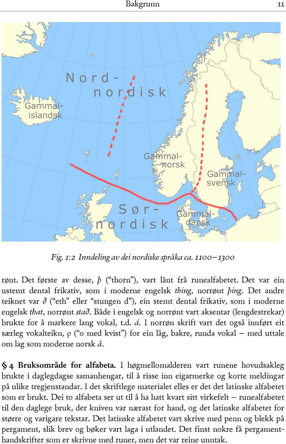 Både i engelsk og norrønt vart aksentar (lengdestrekar) brukte for å markere lang vokal, t.d. á.