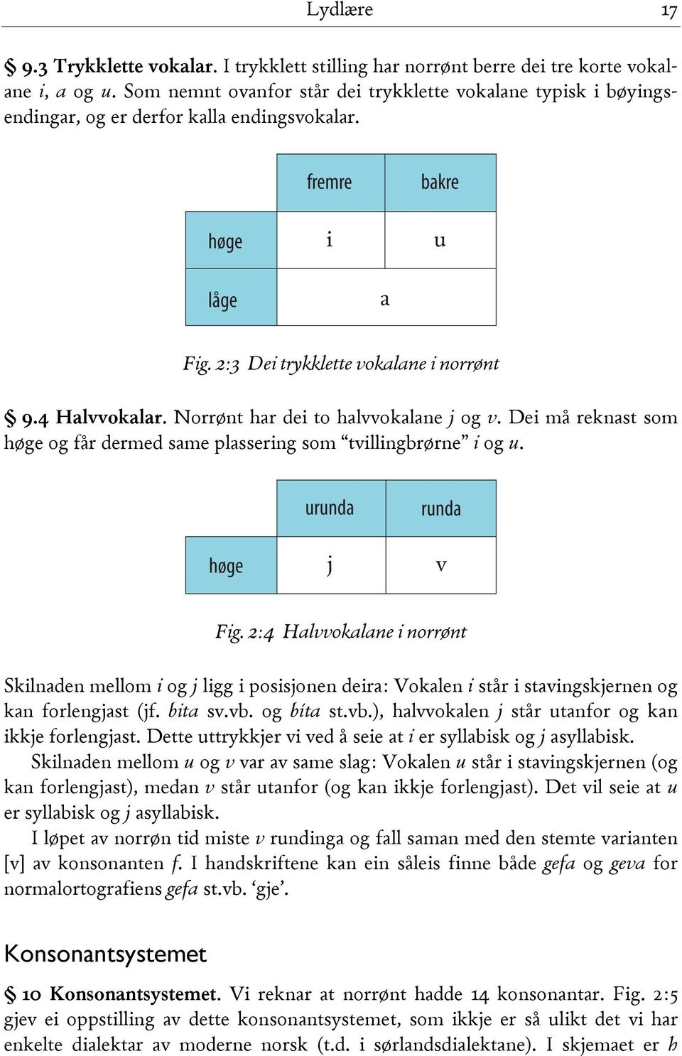 Norrønt har dei to halvvokalane j og v. Dei må reknast som høge og får dermed same plassering som tvillingbrørne i og u. Fig.