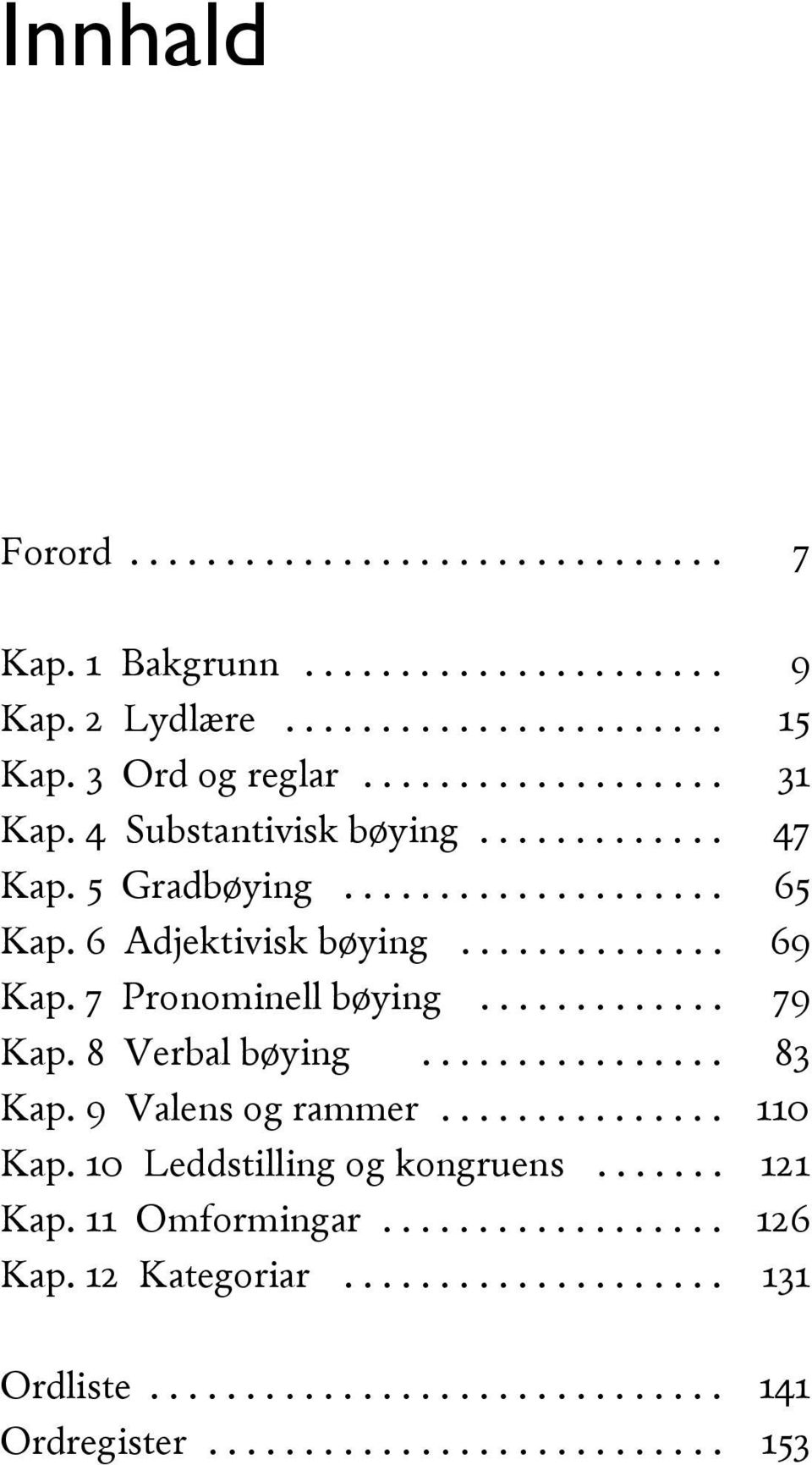 8 Verbal bøying................ 83 Kap. 9 Valens og rammer............... 110 Kap. 10 Leddstilling og kongruens....... 121 Kap. 11 Omformingar.................. 126 Kap.