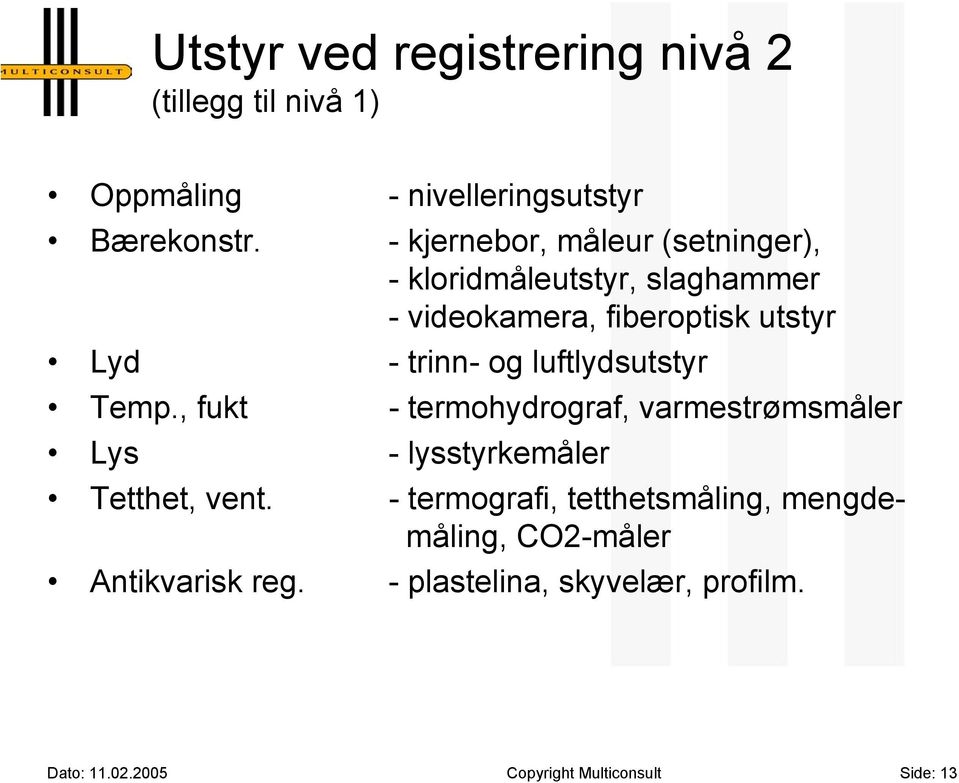 luftlydsutstyr Temp., fukt - termohydrograf, varmestrømsmåler Lys - lysstyrkemåler Tetthet, vent.