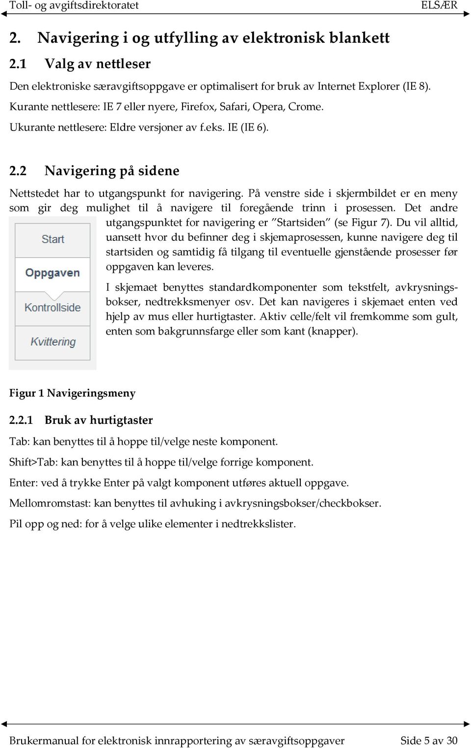 På venstre side i skjermbildet er en meny som gir deg mulighet til å navigere til foregående trinn i prosessen. Det andre utgangspunktet for navigering er Startsiden (se Figur 7).