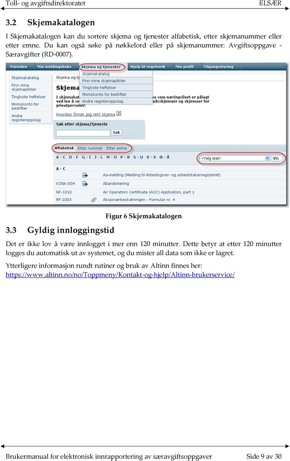 3 Gyldig innloggingstid Figur 6 Skjemakatalogen Det er ikke lov å være innlogget i mer enn 120 minutter.