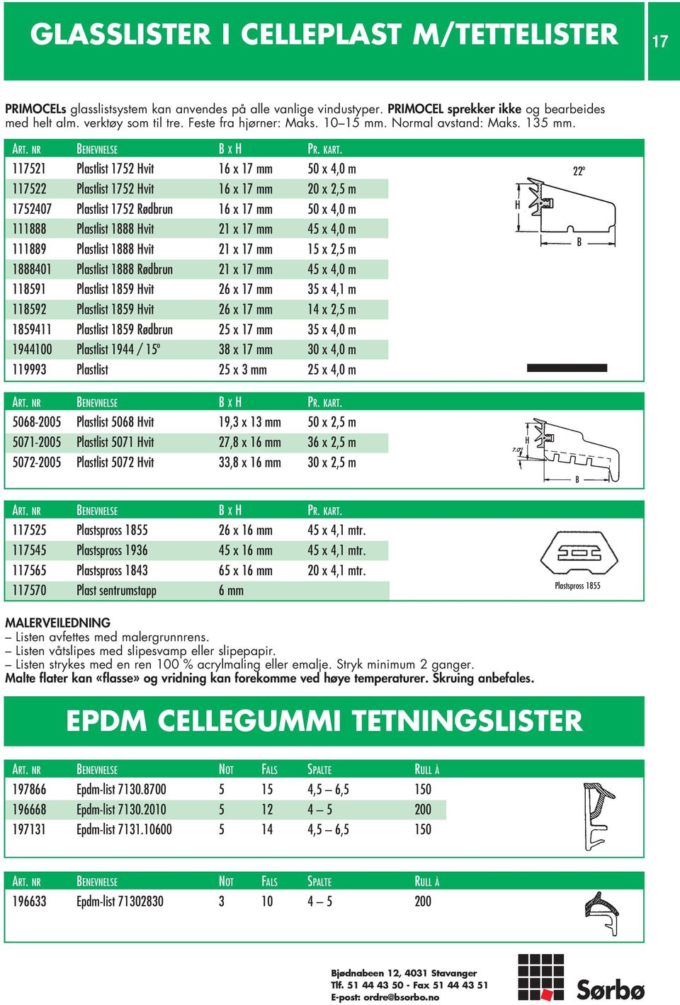 117521 Plastlist 1752 Hvit 16 x 17 mm 50 x 4,0 m 117522 Plastlist 1752 Hvit 16 x 17 mm 20 x 2,5 m 1752407 Plastlist 1752 Rødbrun 16 x 17 mm 50 x 4,0 m 111888 Plastlist 1888 Hvit 21 x 17 mm 45 x 4,0 m