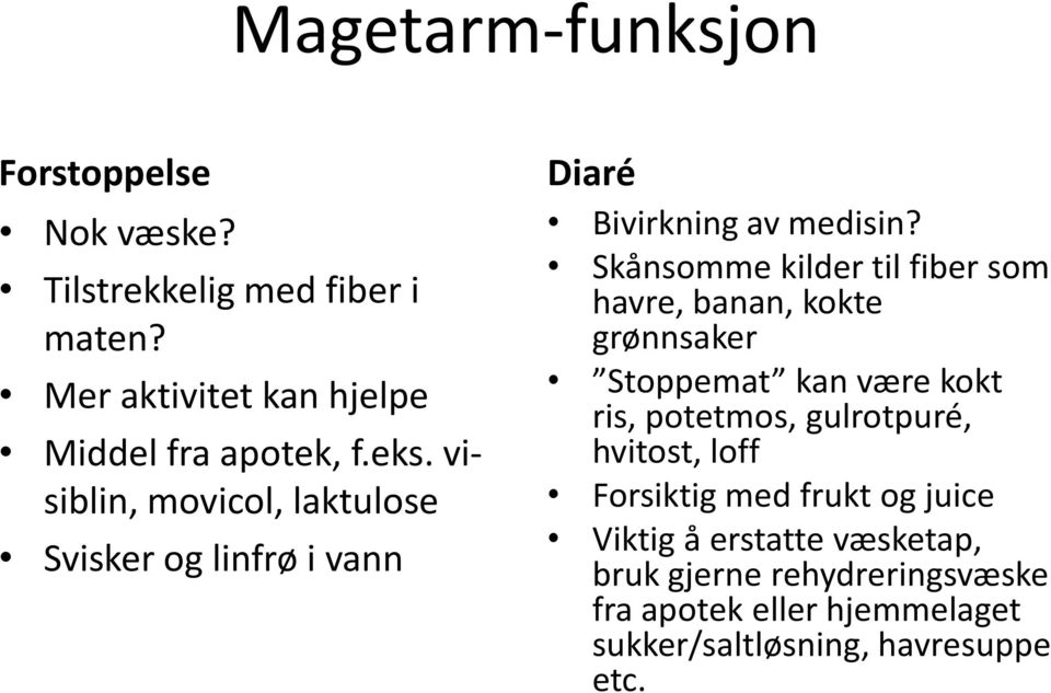 Skånsomme kilder til fiber som havre, banan, kokte grønnsaker Stoppemat kan være kokt ris, potetmos, gulrotpuré, hvitost,