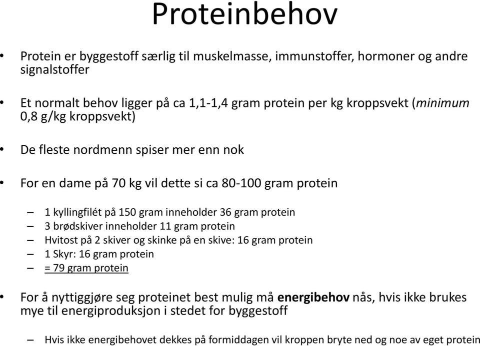 3 brødskiver inneholder 11 gram protein Hvitost på 2 skiver og skinke på en skive: 16 gram protein 1 Skyr: 16 gram protein = 79 gram protein For å nyttiggjøre seg proteinet best